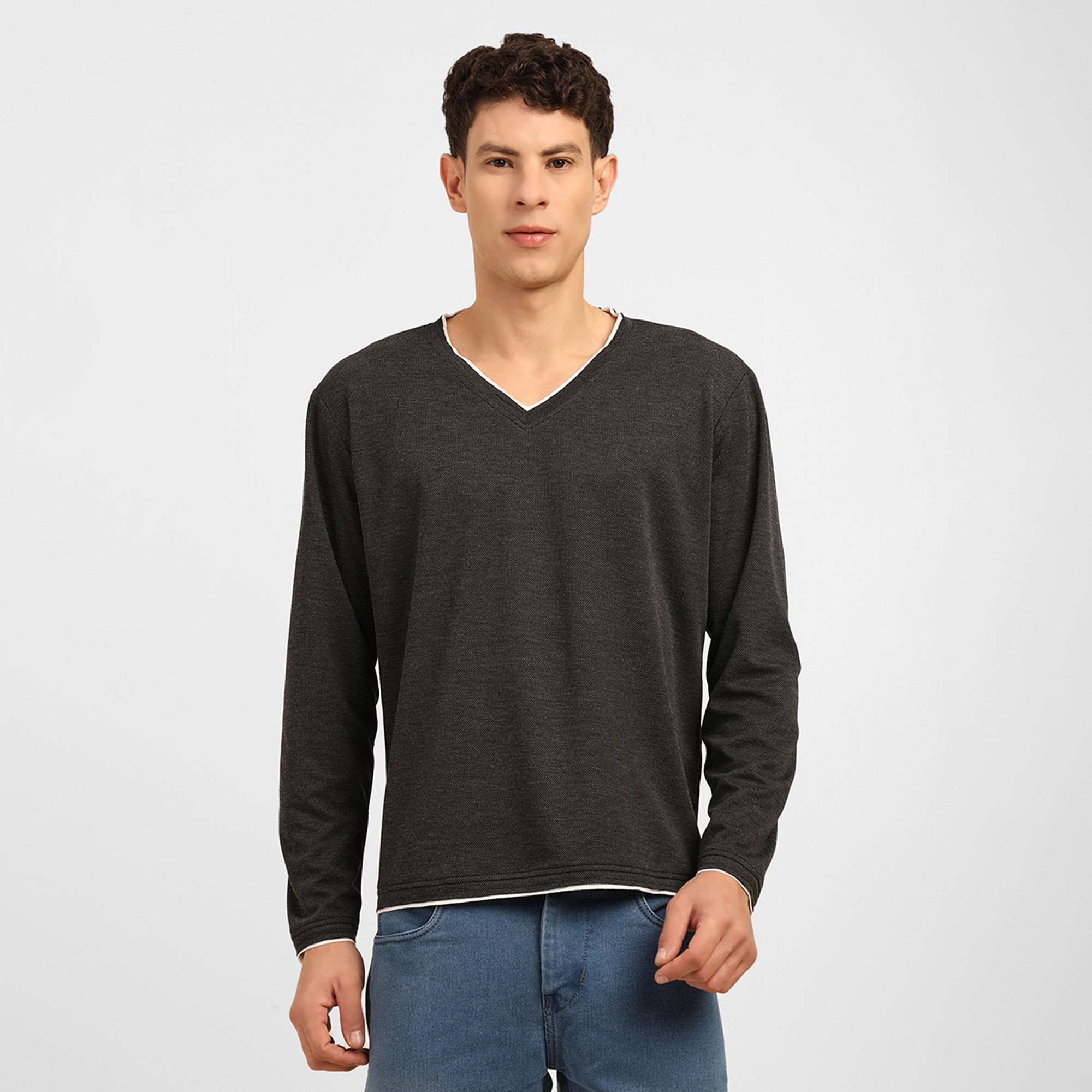 Dark Grey V-Neck Knitted T-Shirt