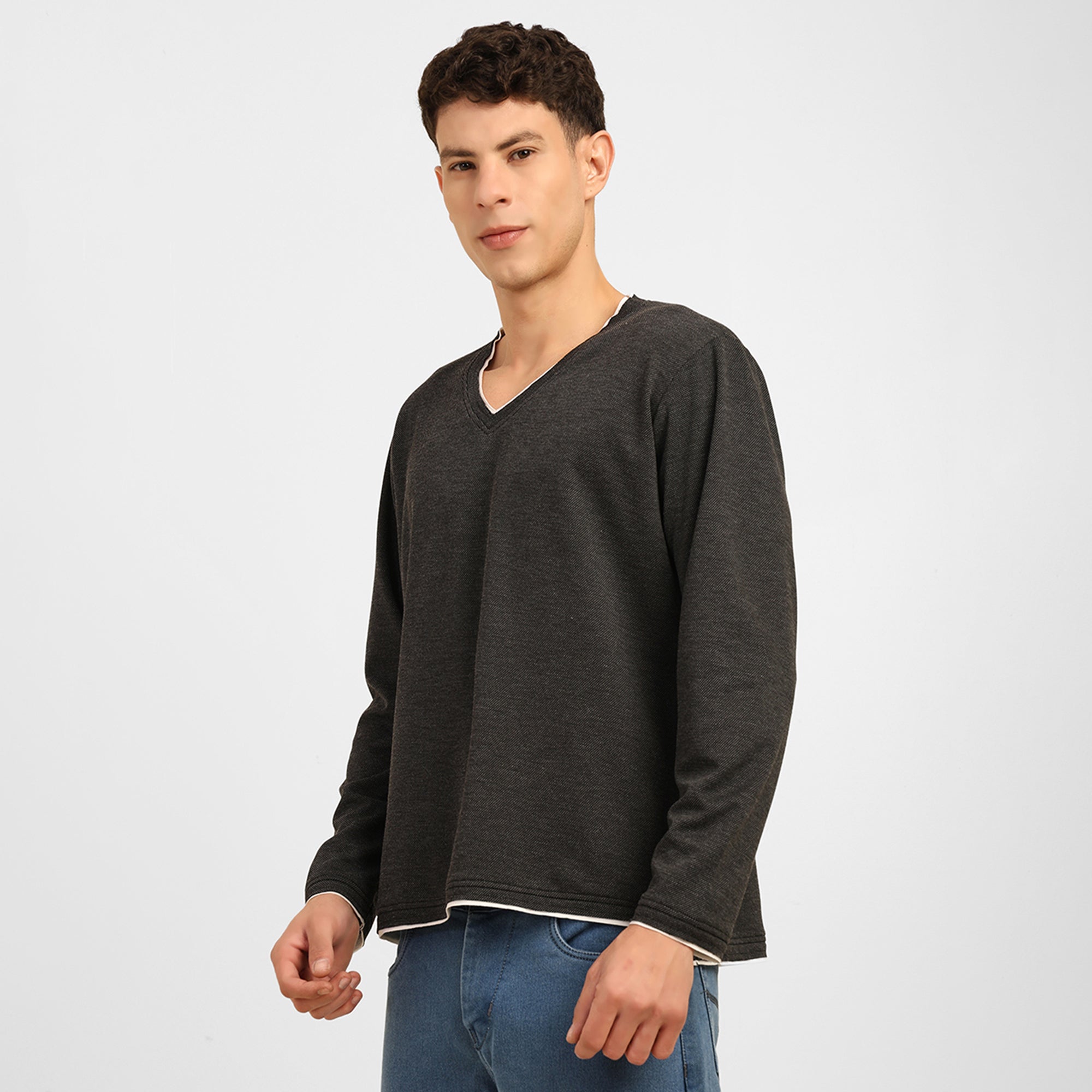 Dark Grey V-Neck Knitted T-Shirt