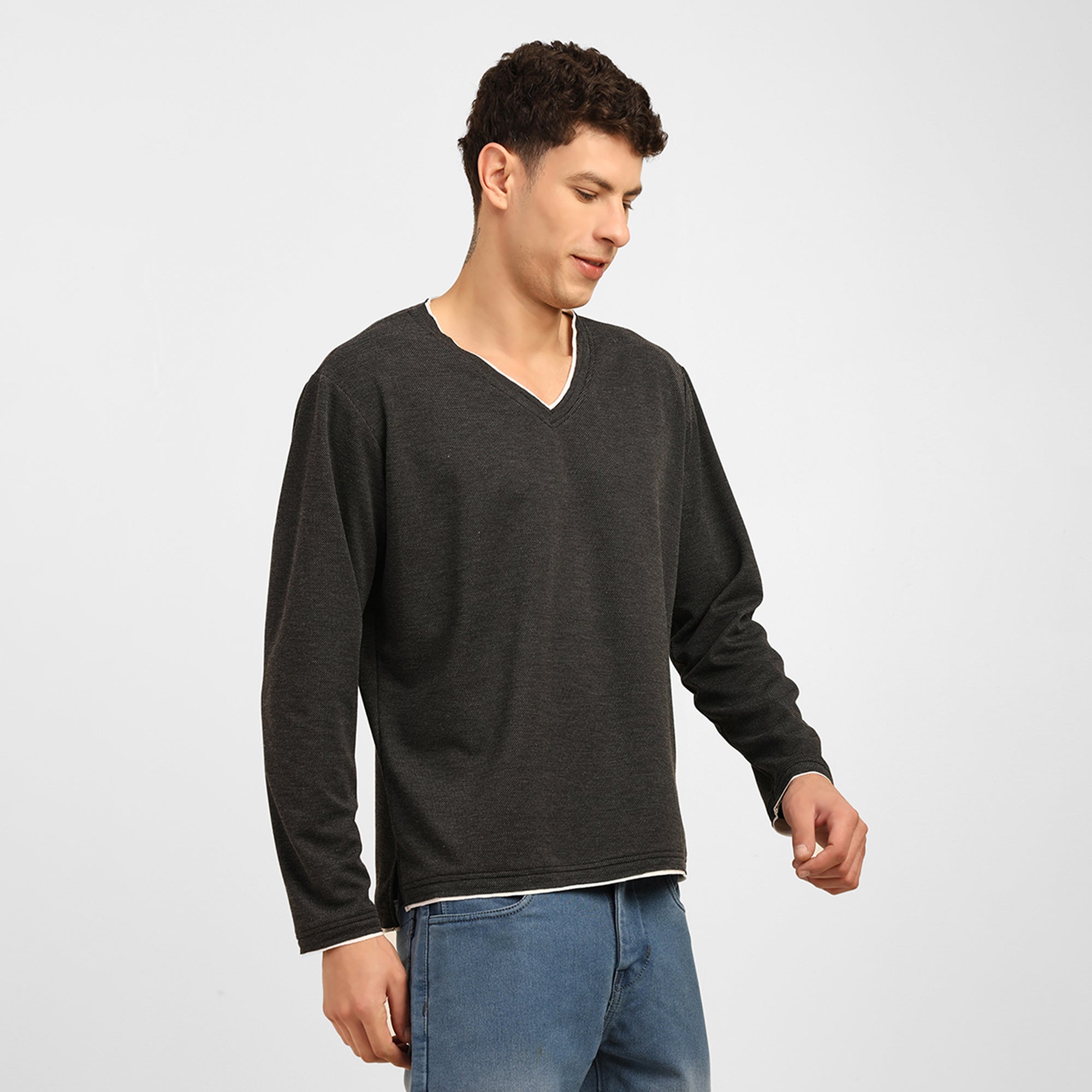 Dark Grey V-Neck Knitted T-Shirt