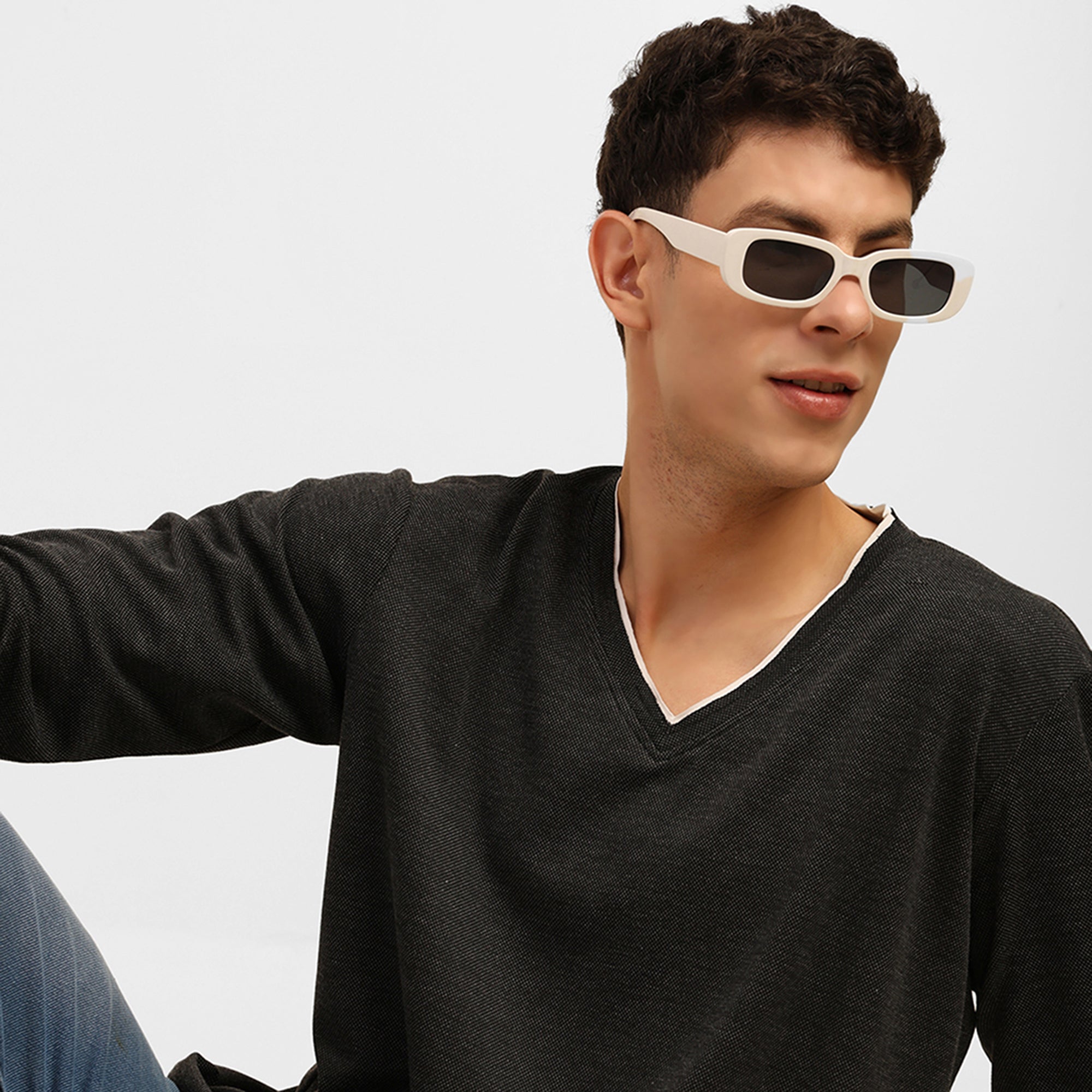 Dark Grey V-Neck Knitted T-Shirt