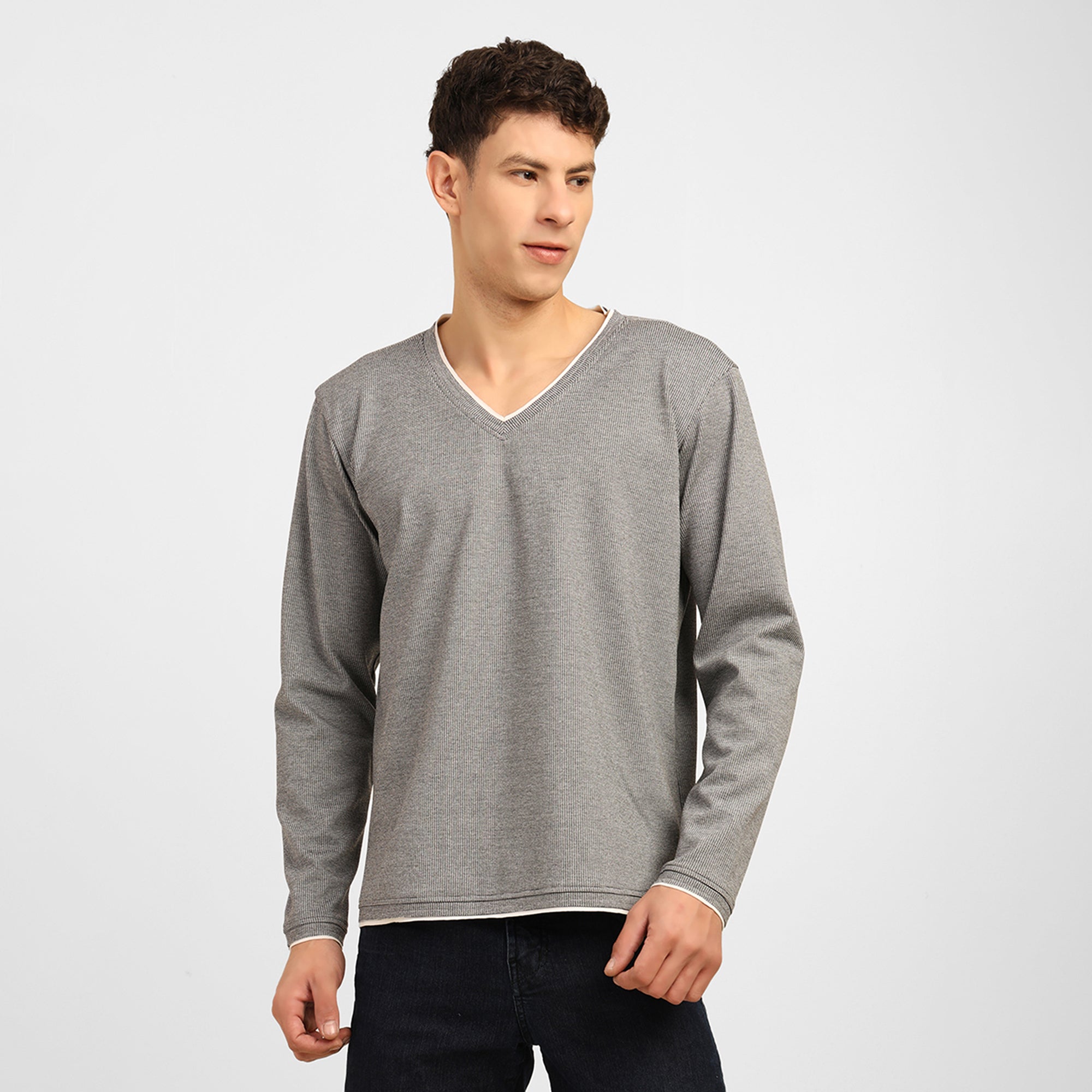 Light Grey V-Neck Knitted T-Shirt