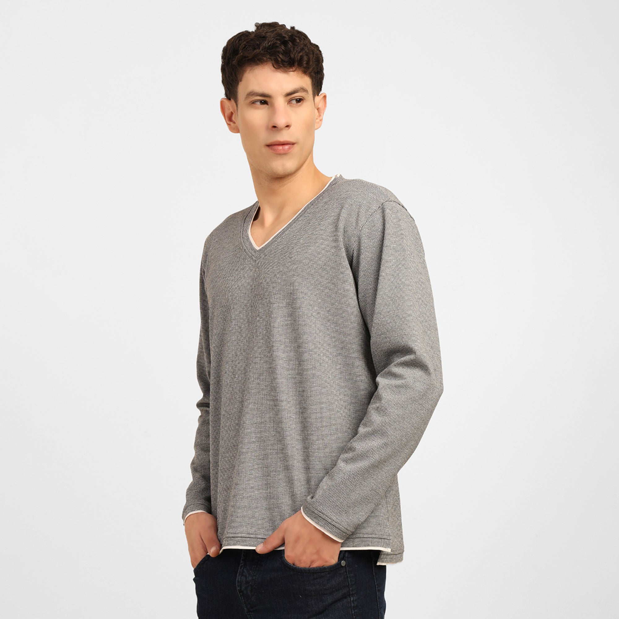 Light Grey V-Neck Knitted T-Shirt