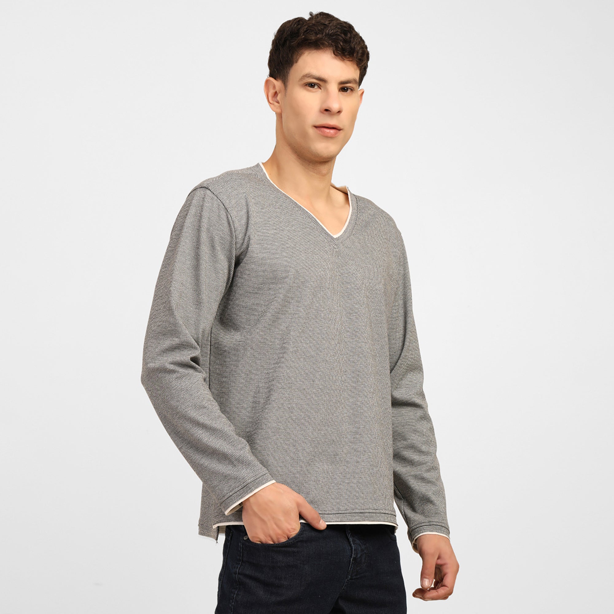 Light Grey V-Neck Knitted T-Shirt