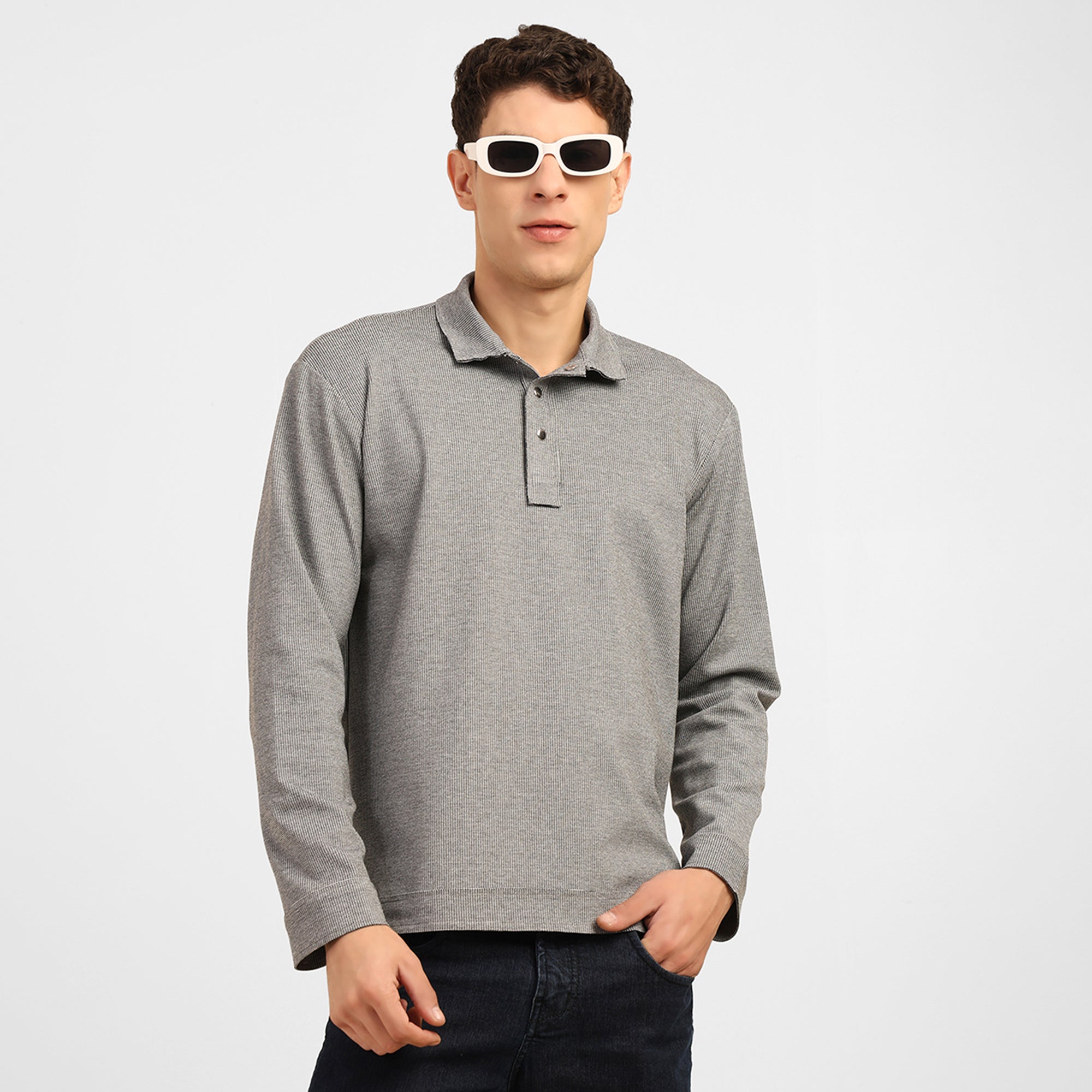 Light Grey Knitted Collar T-Shirt