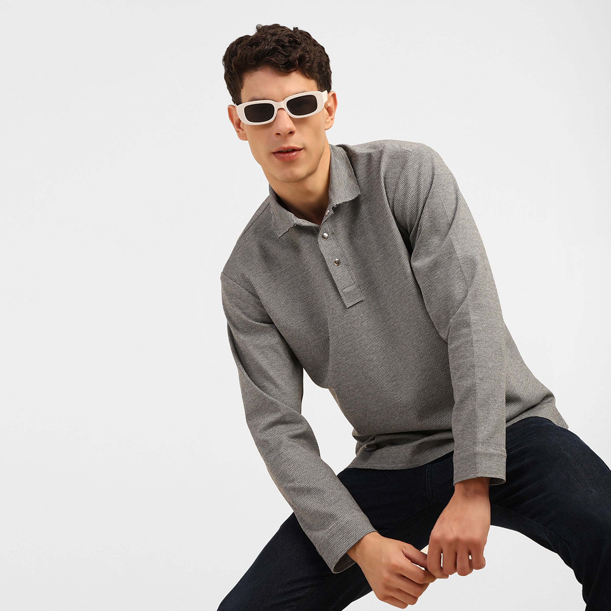 Light Grey Knitted Collar T-Shirt
