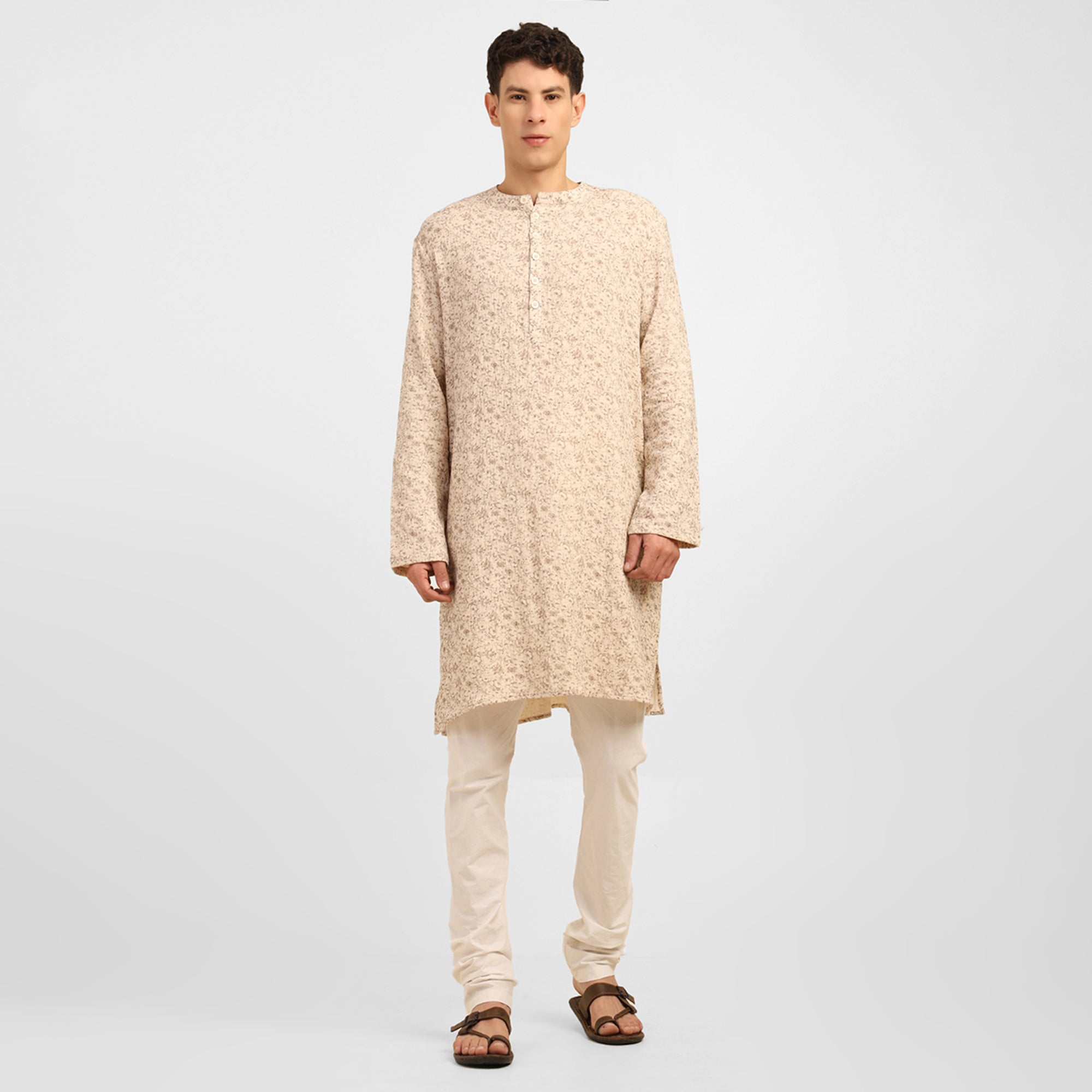 Beige Floral Double Gauze Kurta