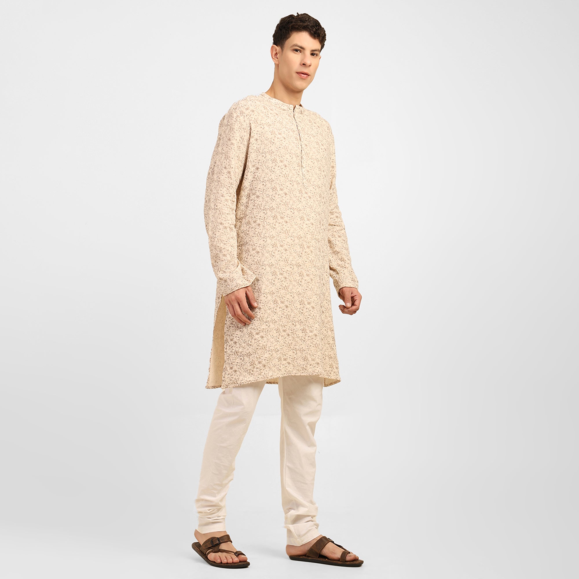 Beige Floral Double Gauze Kurta