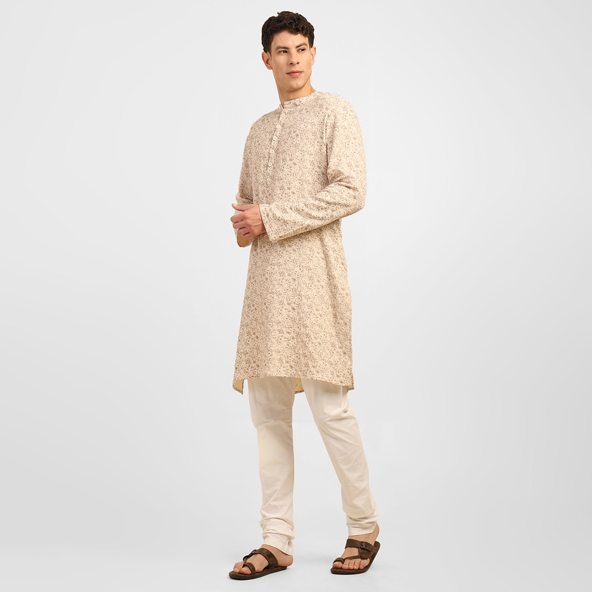 Beige Floral Double Gauze Kurta