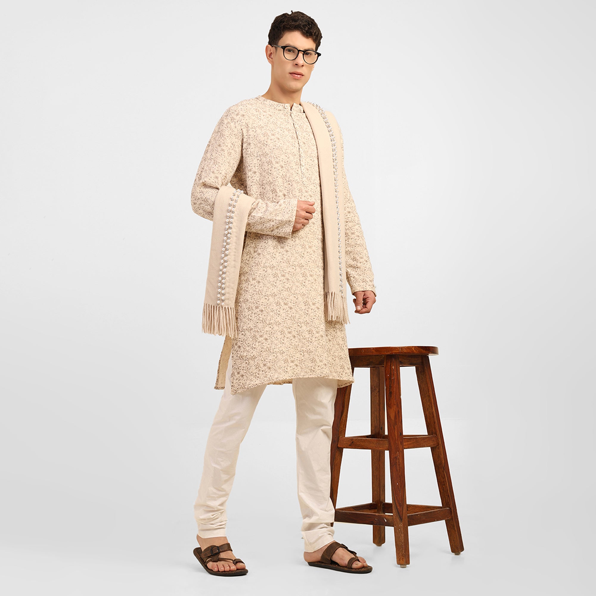 Beige Floral Double Gauze Kurta