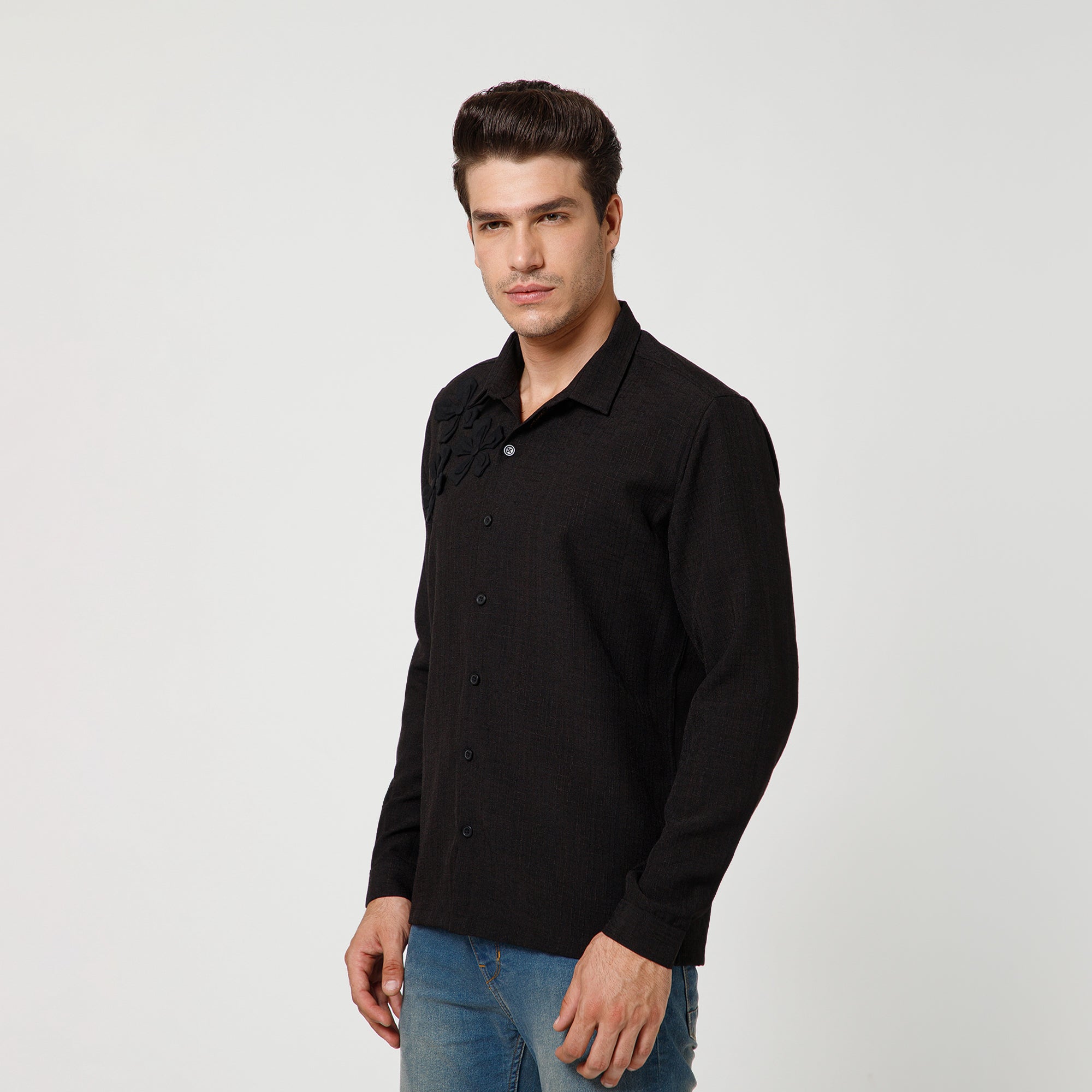 Black Cotton Slub Linen Textured Shirt With Flower Patches