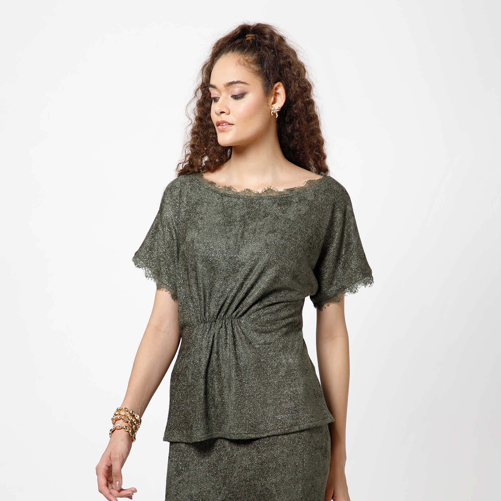 Green Velvet French Lace Top