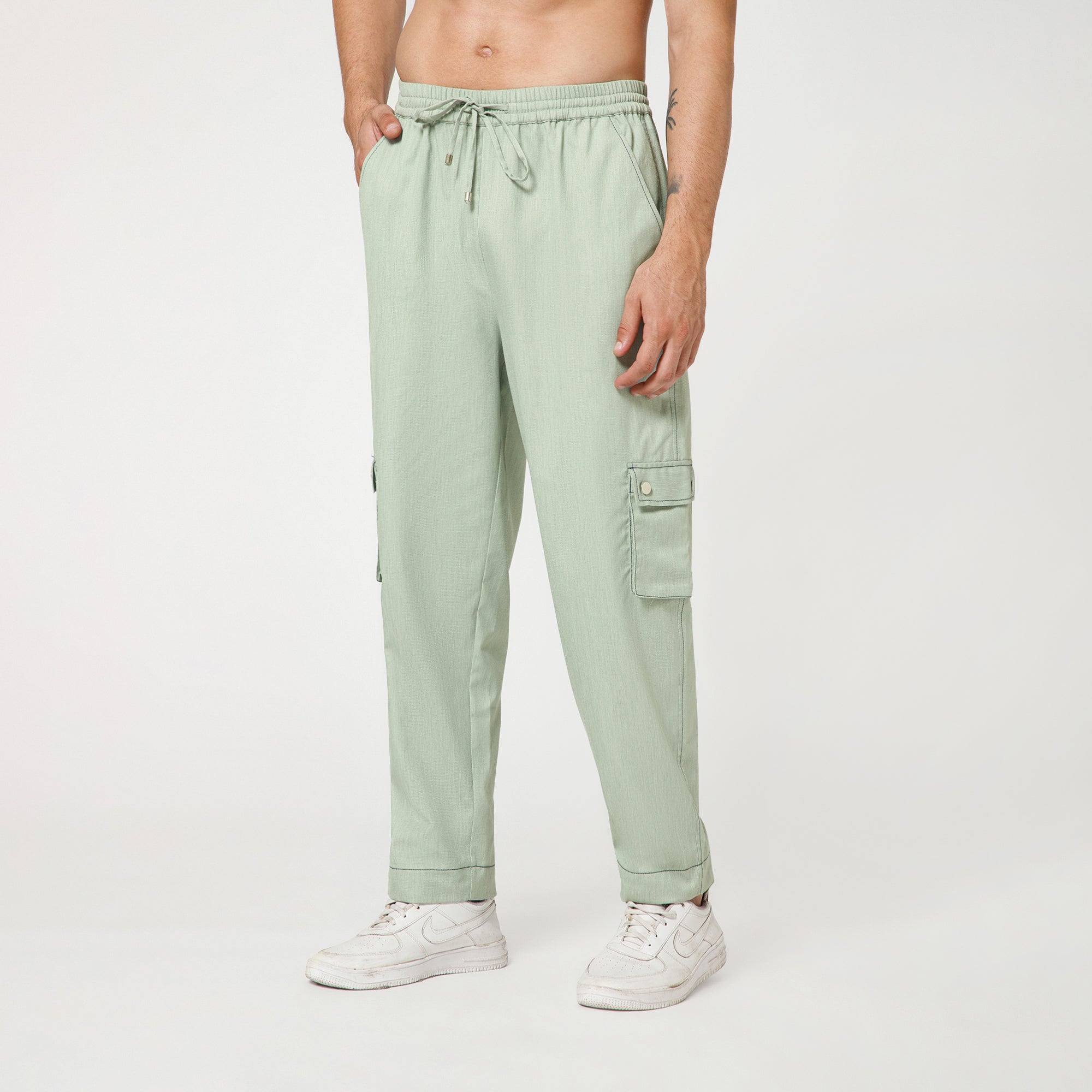 Green Denim Pant With Draw String And Blue Top Stitch