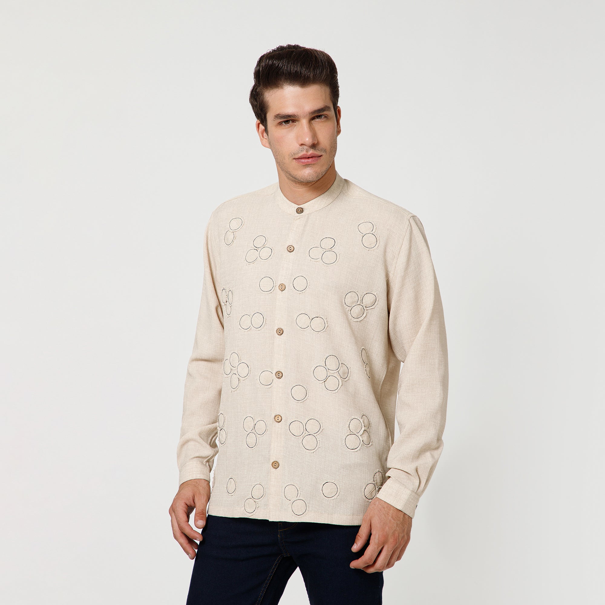 Off White Cotton Slub Linen Textured Shirt With Mandarin Collar And Patch Detailing