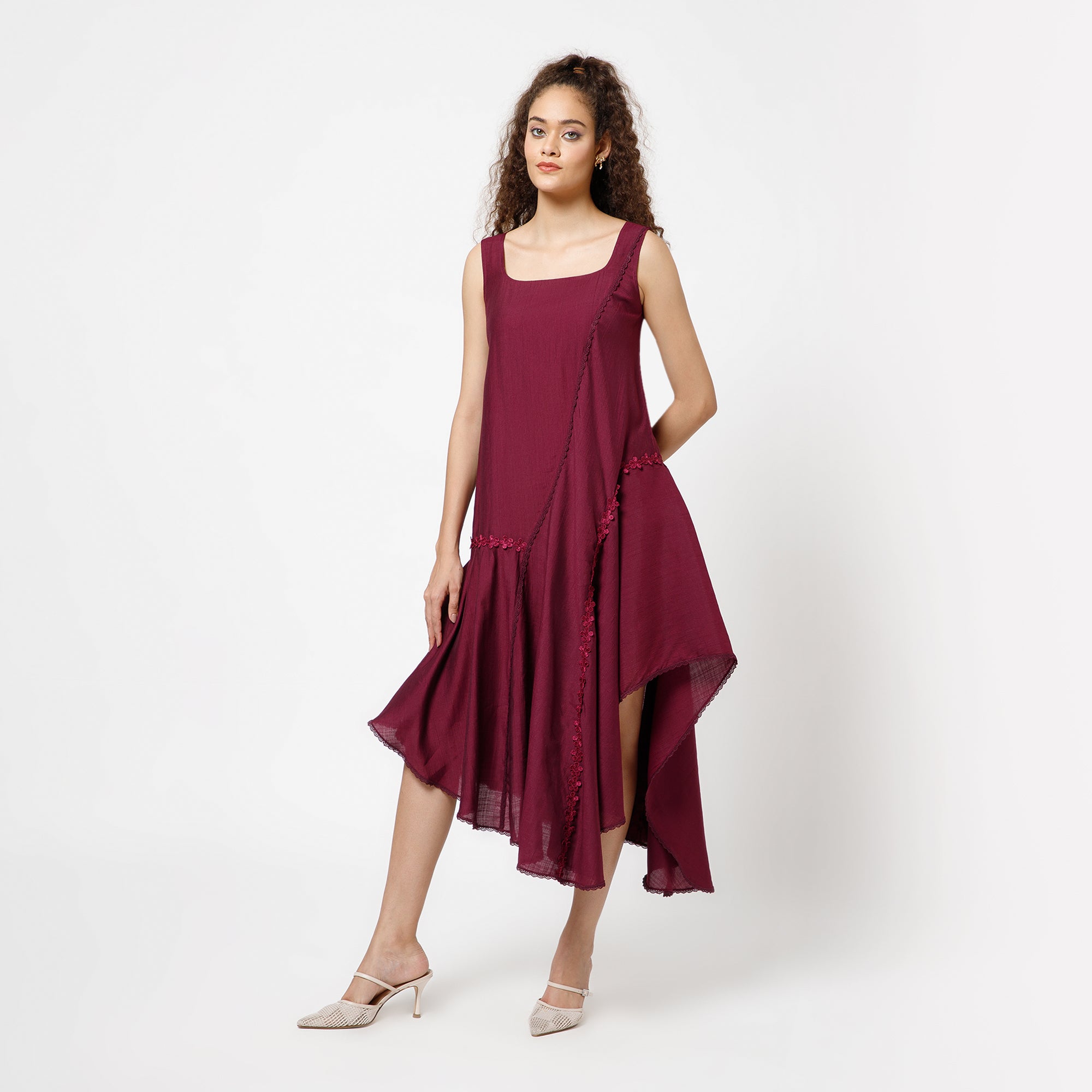 Prune Square Neck Dress With Lace