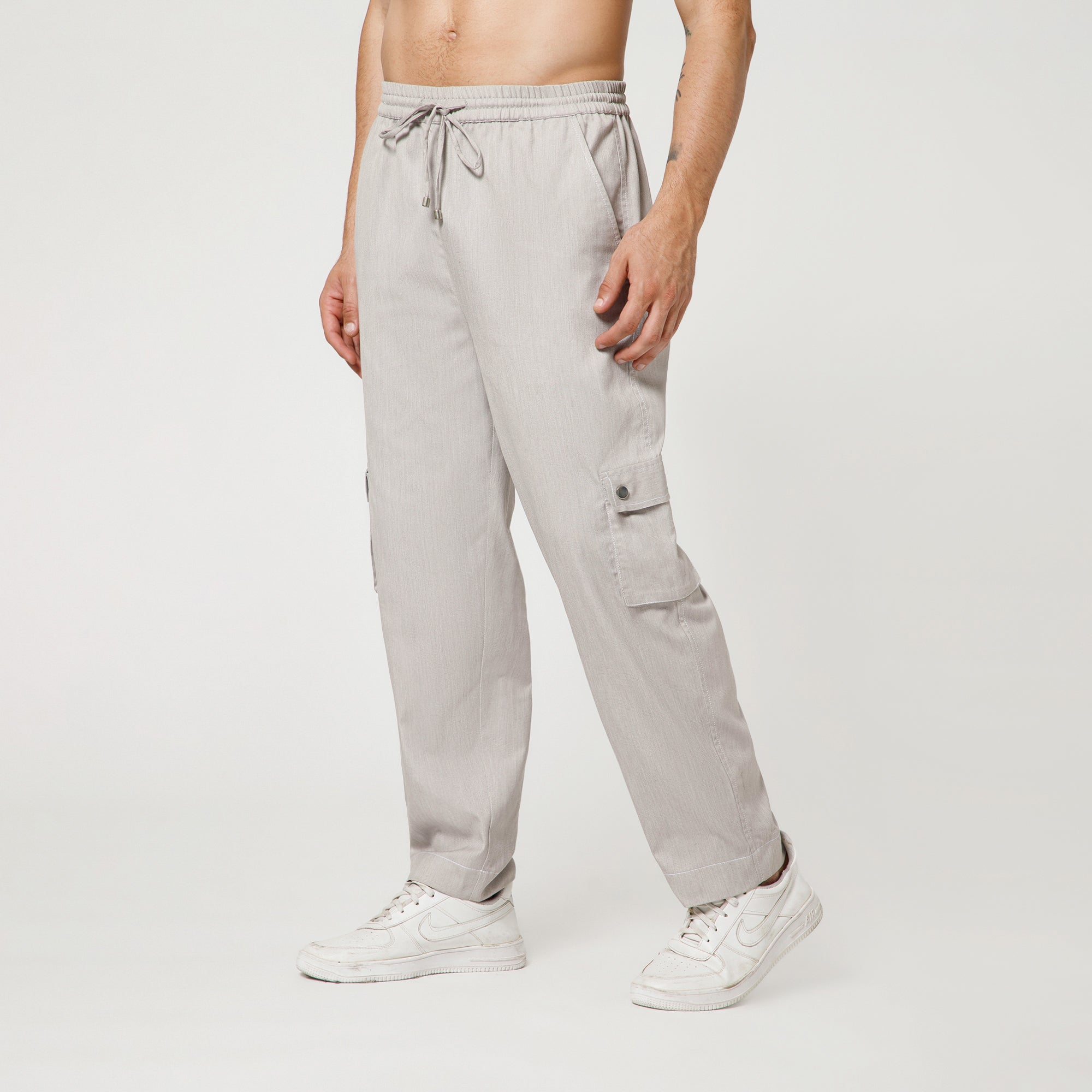 Grey Denim Pant With Draw String And White Top Stitch