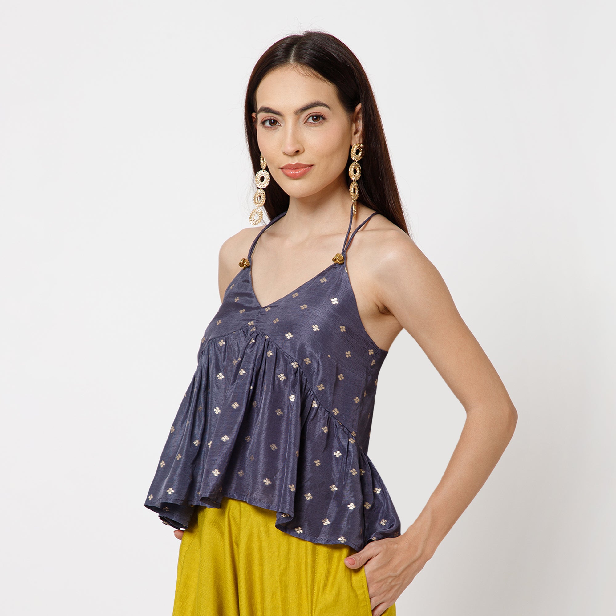 Blue Silk Brocade Spaghetti Top