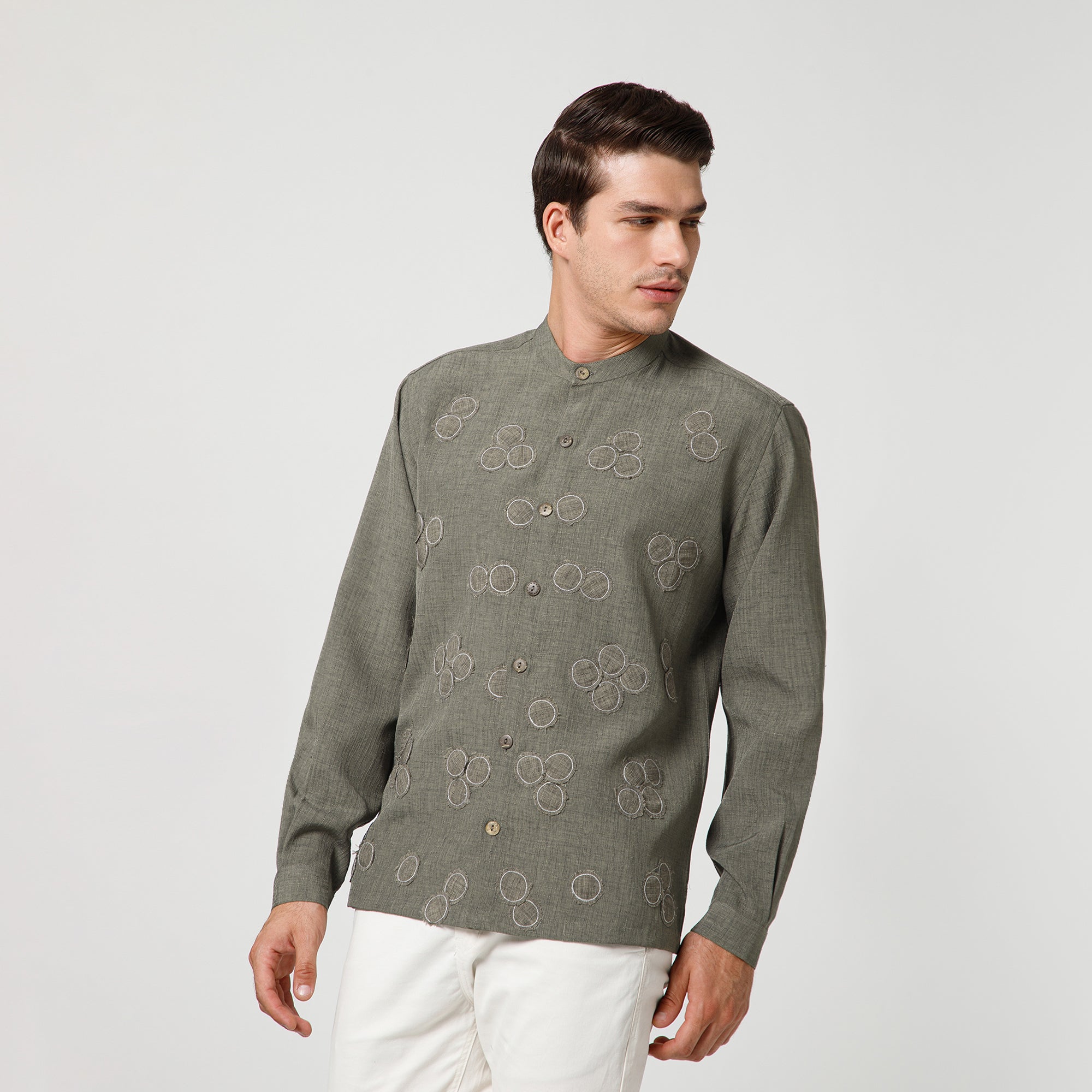Brown Cotton Slub Linen Textured Shirt With Mandarin Collar And Patch Detailing