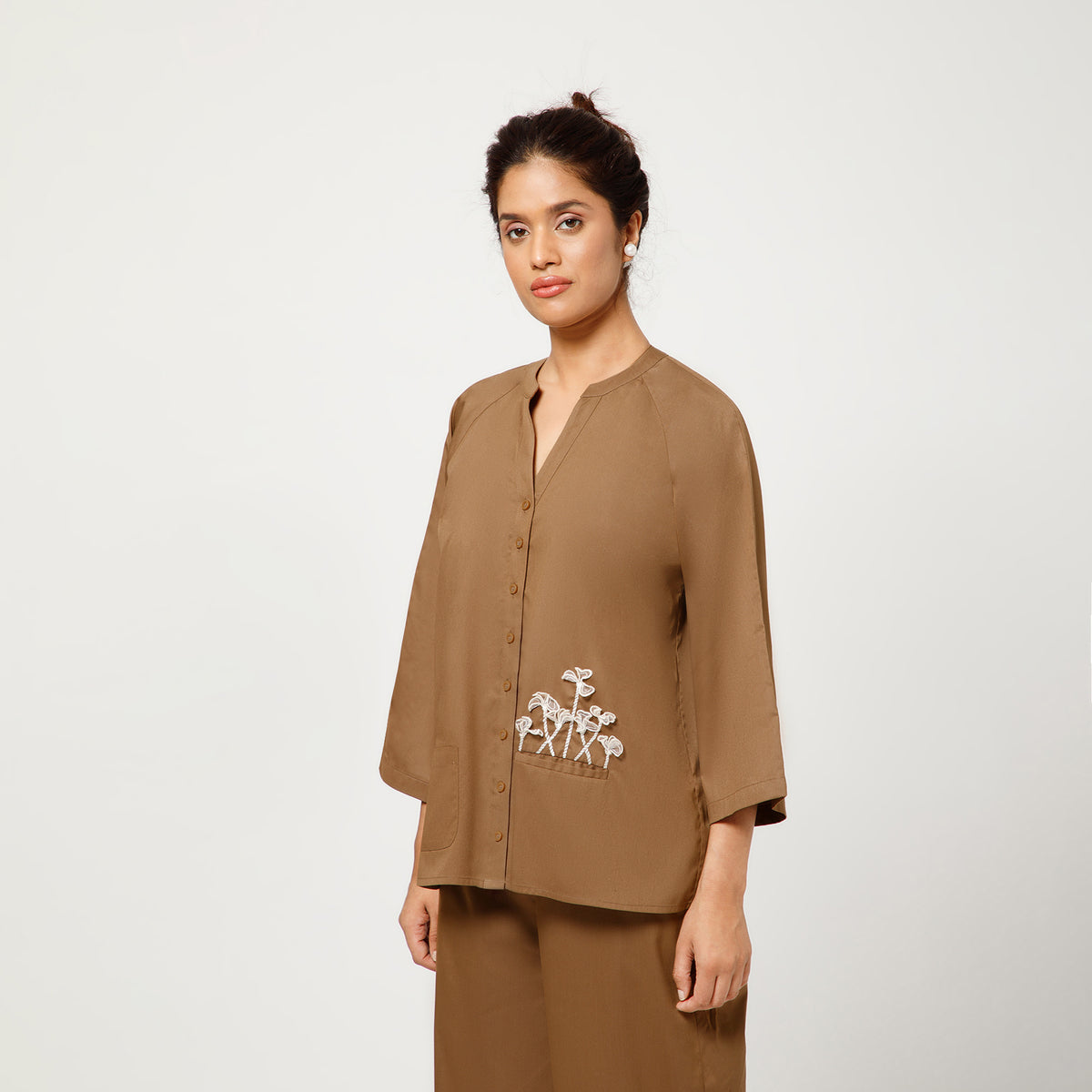 Brown Cotton Blend Top With Organza Flower Pocket Embroidery