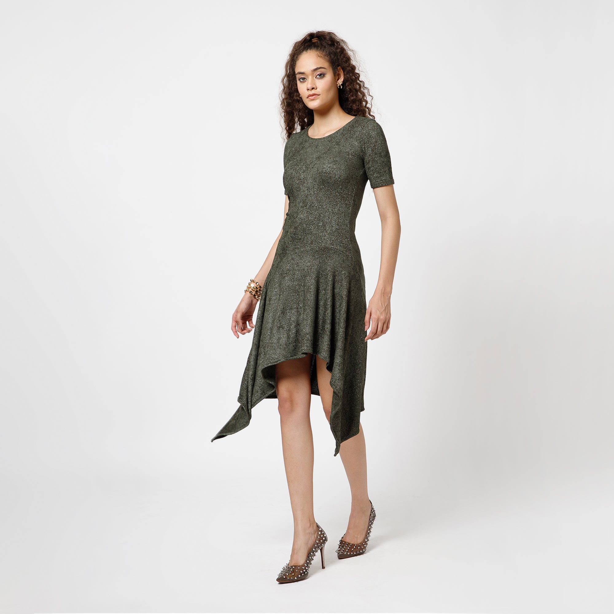 Green Asymmetrical Velvet  Dress