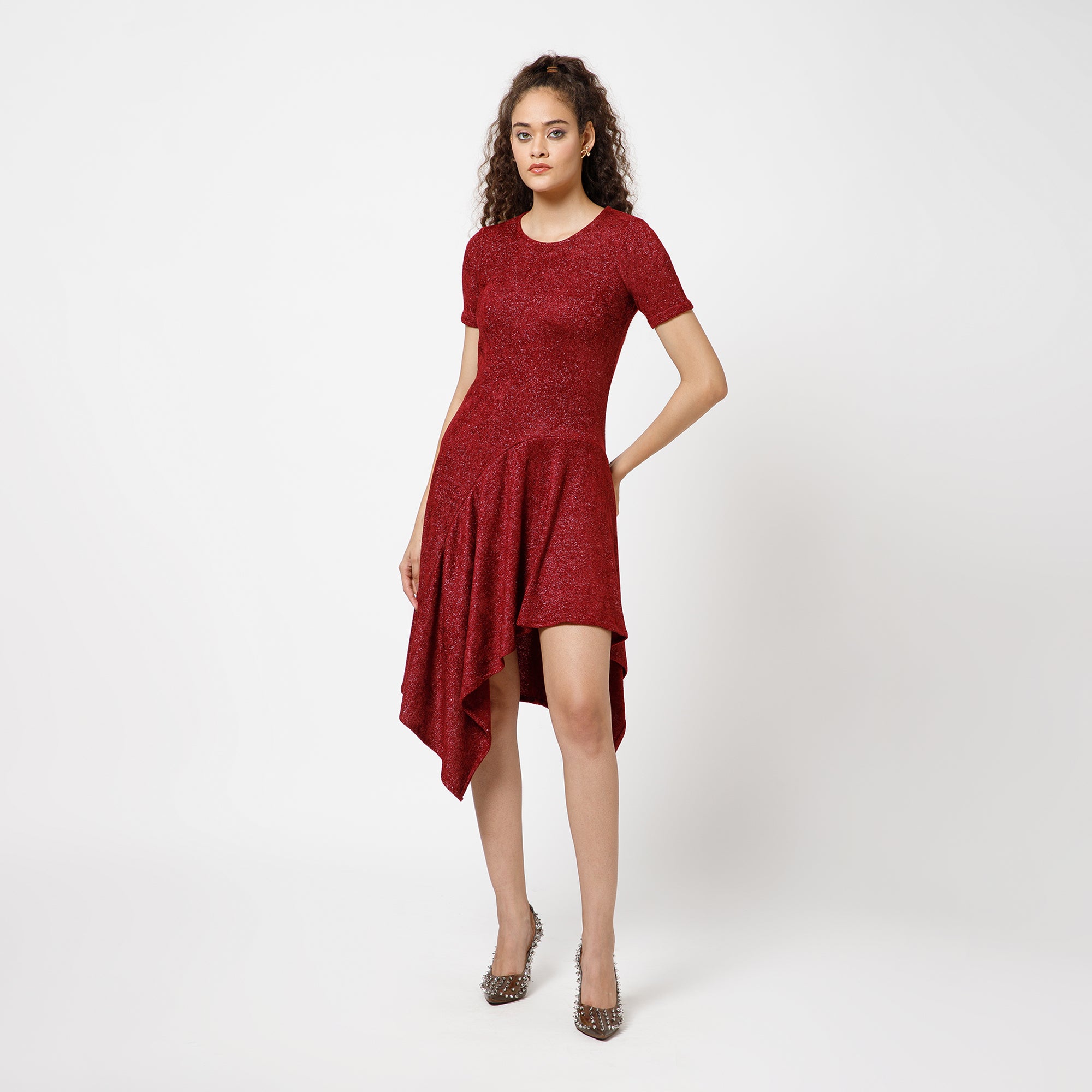 Maroon Asymmetrical Velvet  Dress