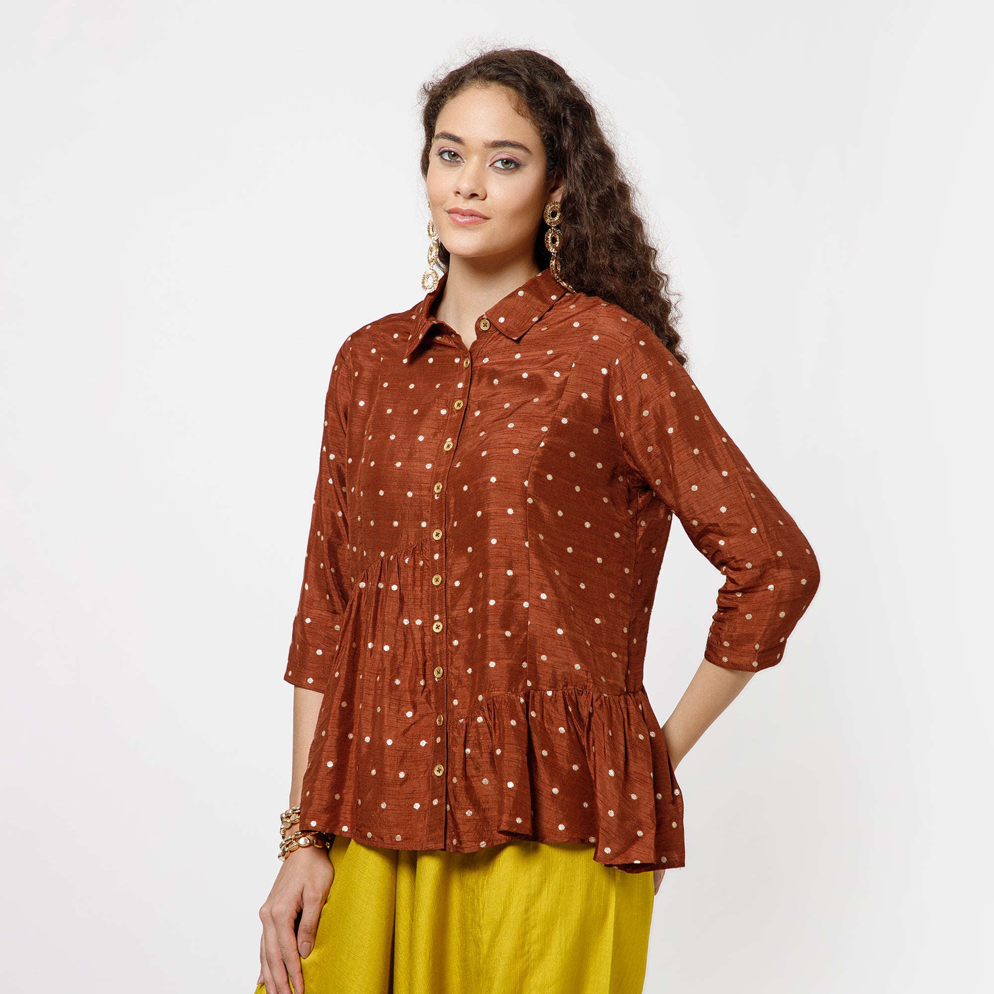 Brown Brocade Asymmetrical Peplum Top