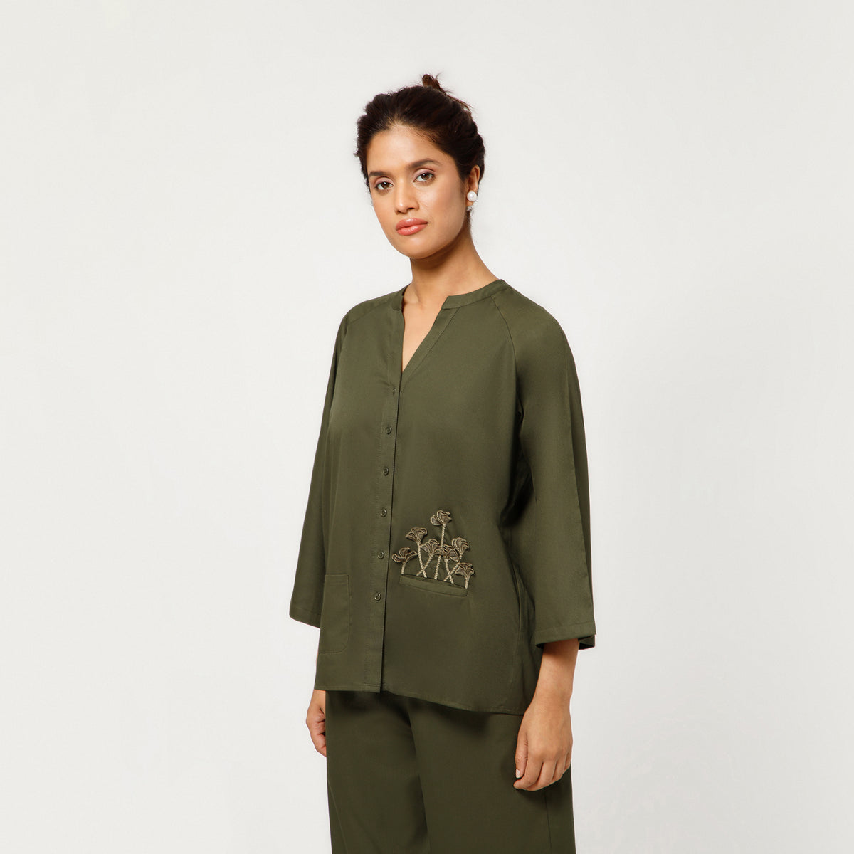 Olive Cotton Blend Top With Organza Flower Pocket Embroidery