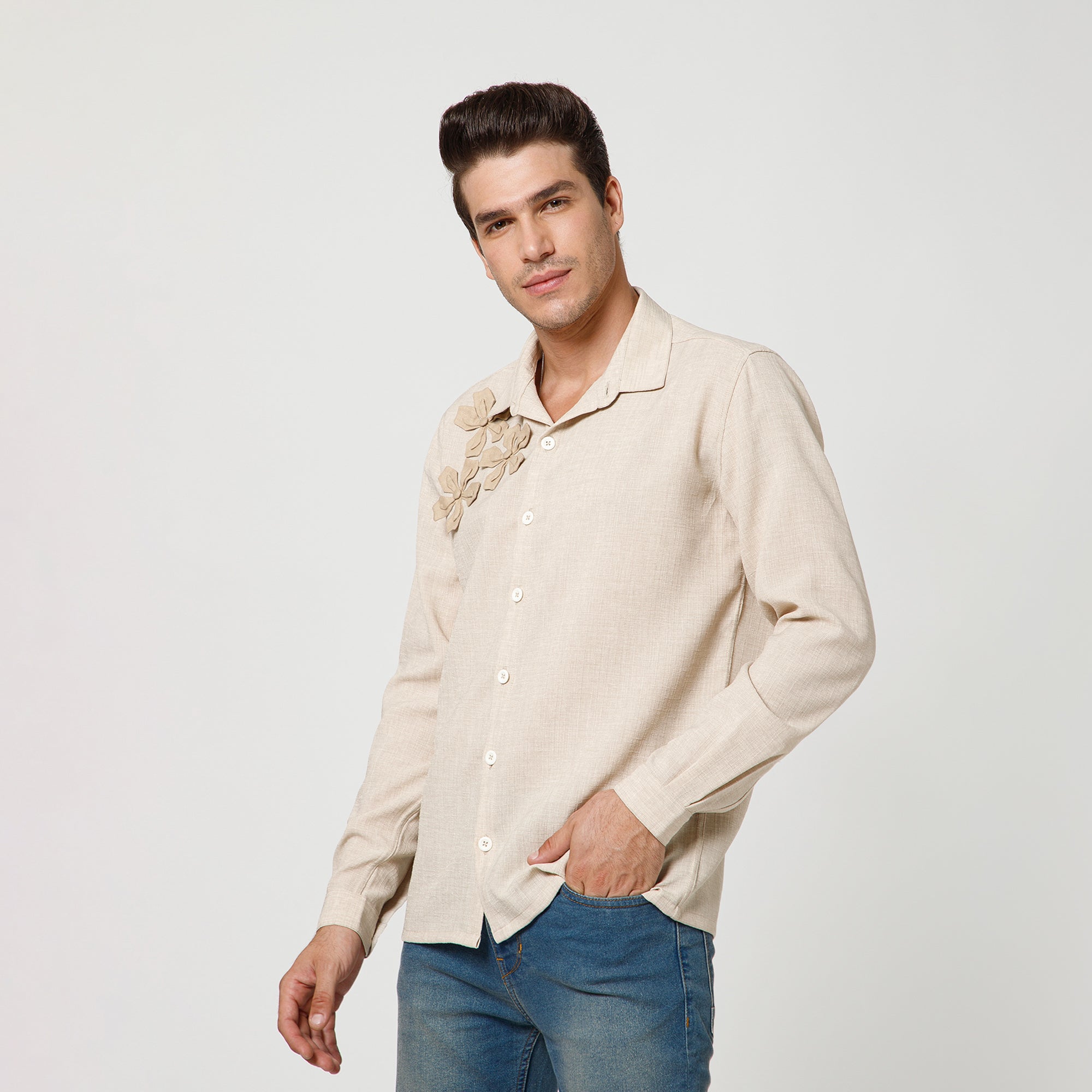 Off White Cotton Slub Linen Textured Shirt With Flower Patches