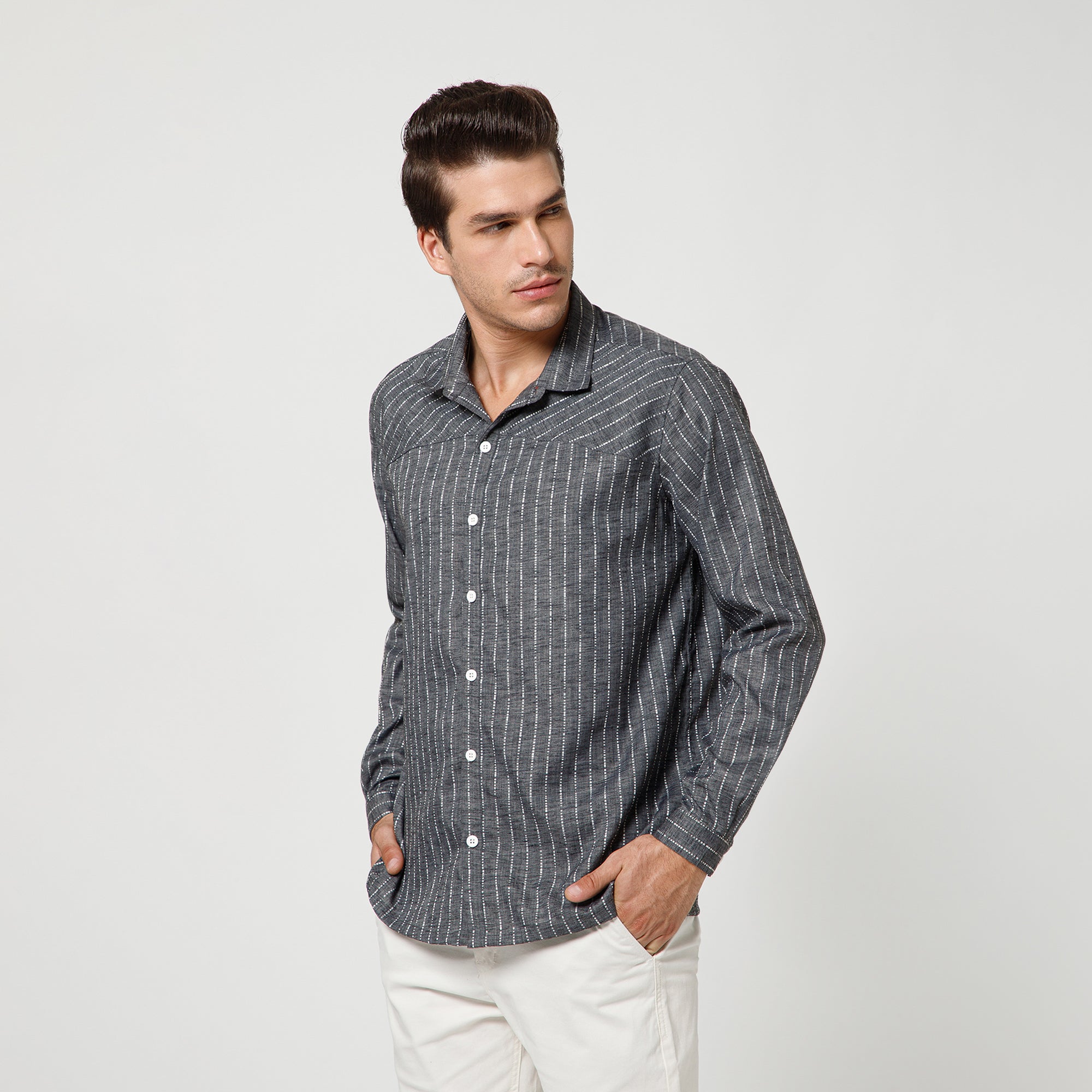 Grey Light Denim Line Shirt With Full Sleeve