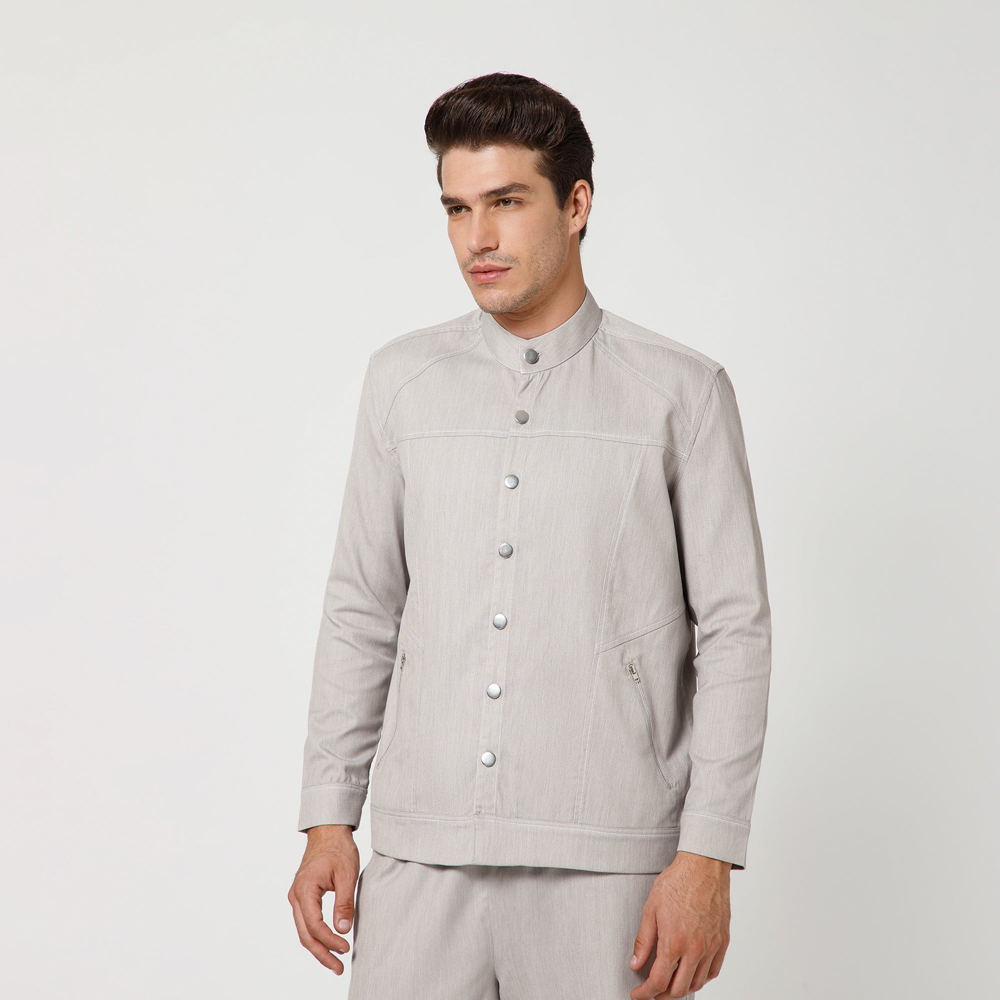 Grey Denim Jacket With Silver Zip