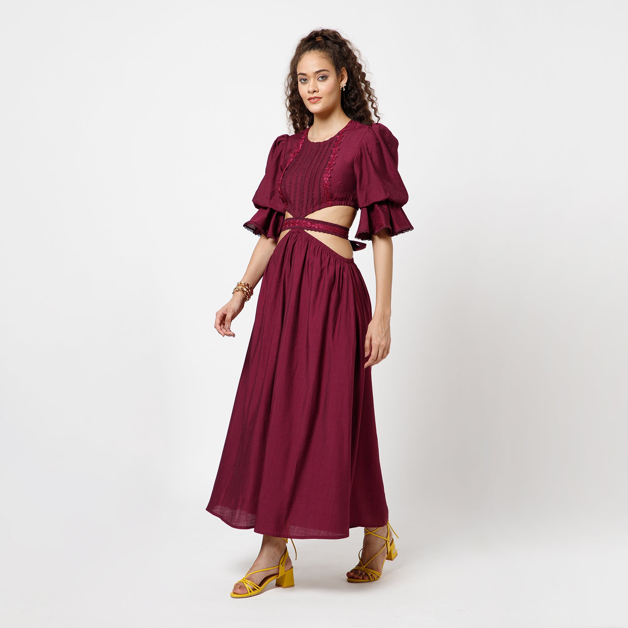 Prune Dress With Lace Yoke & Tie Belt