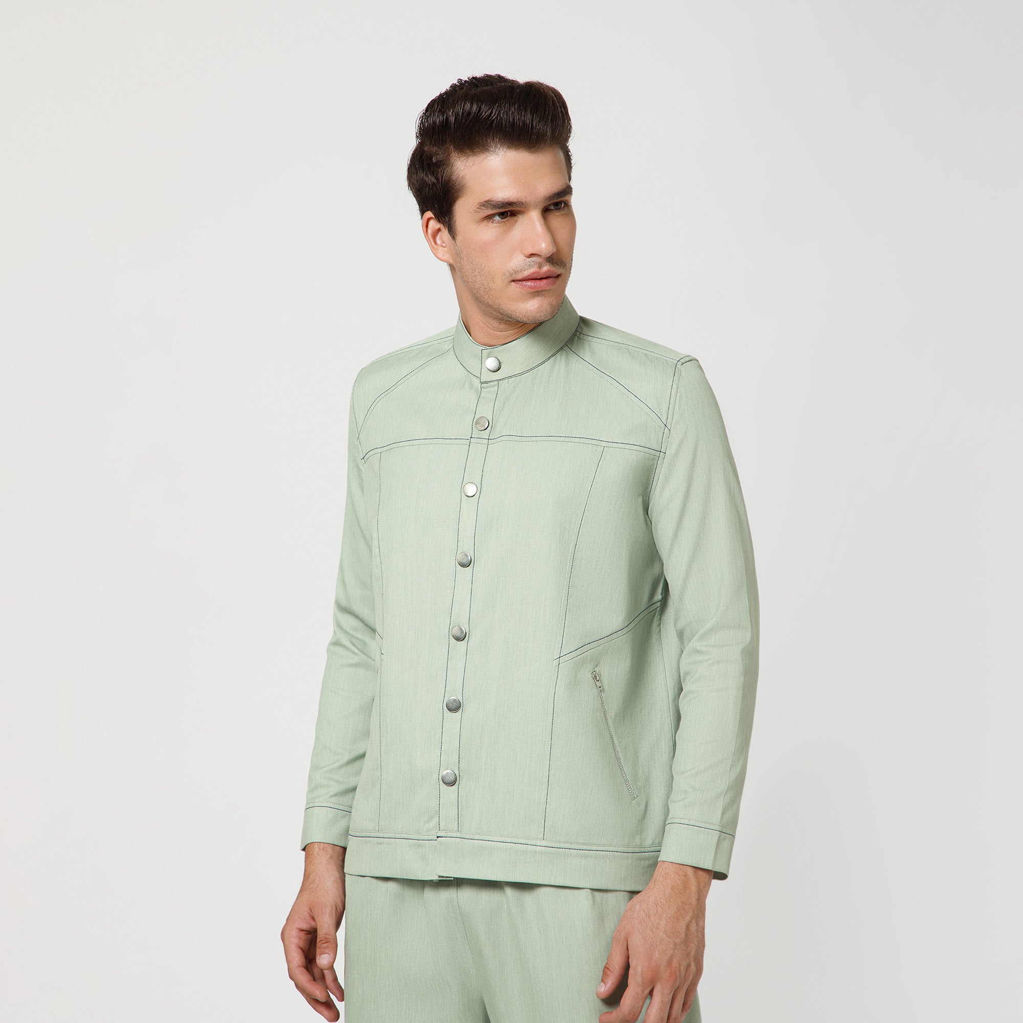 Green Denim Jacket With Silver Zip