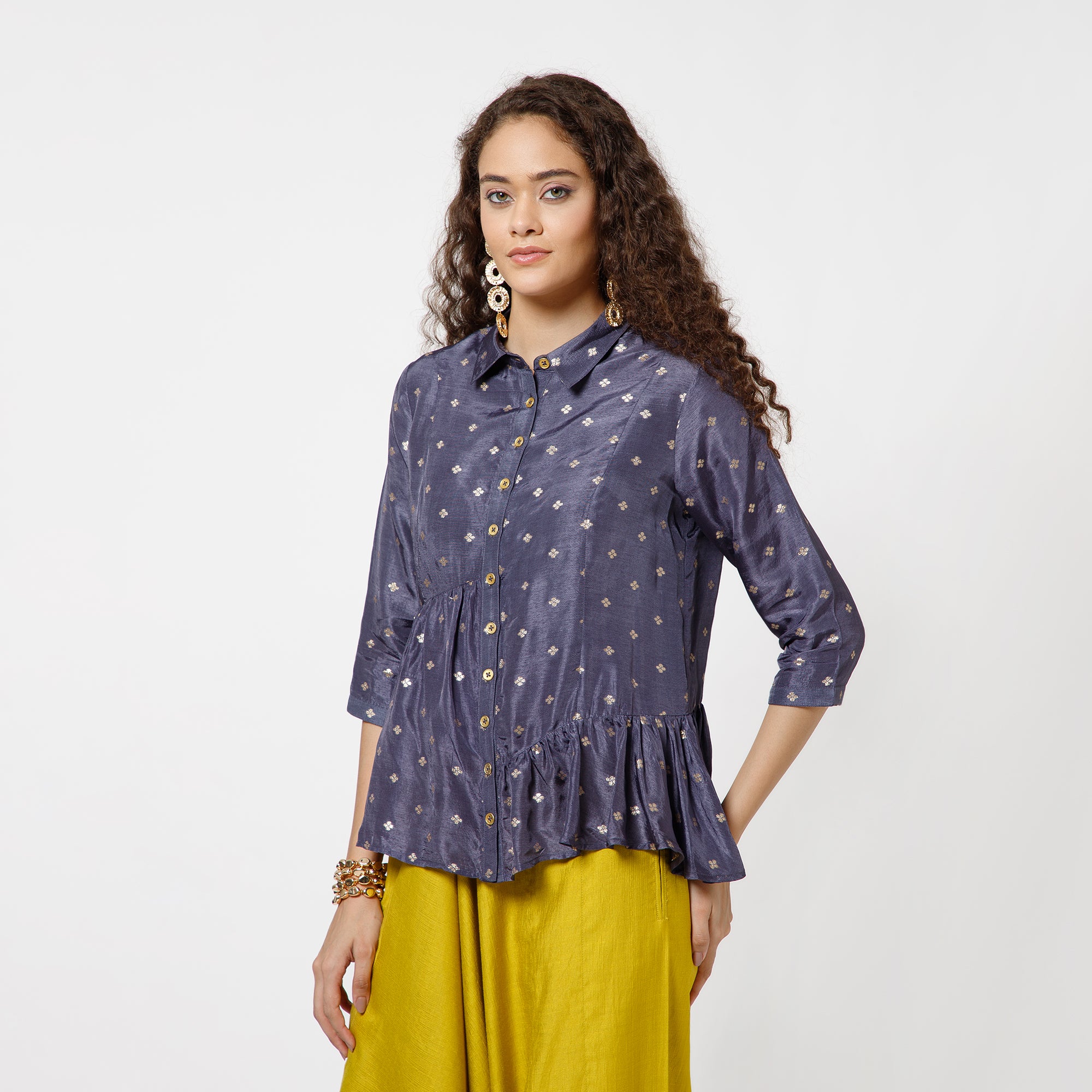 Blue Brocade Asymmetrical Peplum Top