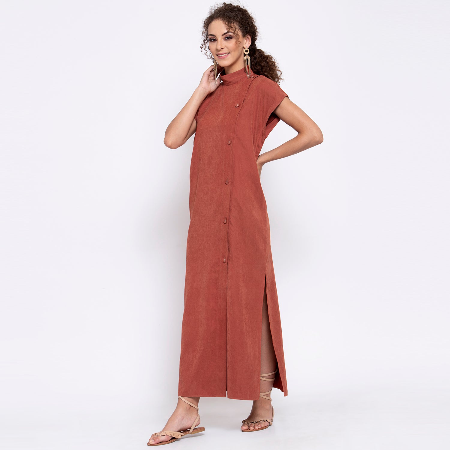 Deep Rust Long Dress With Buttons