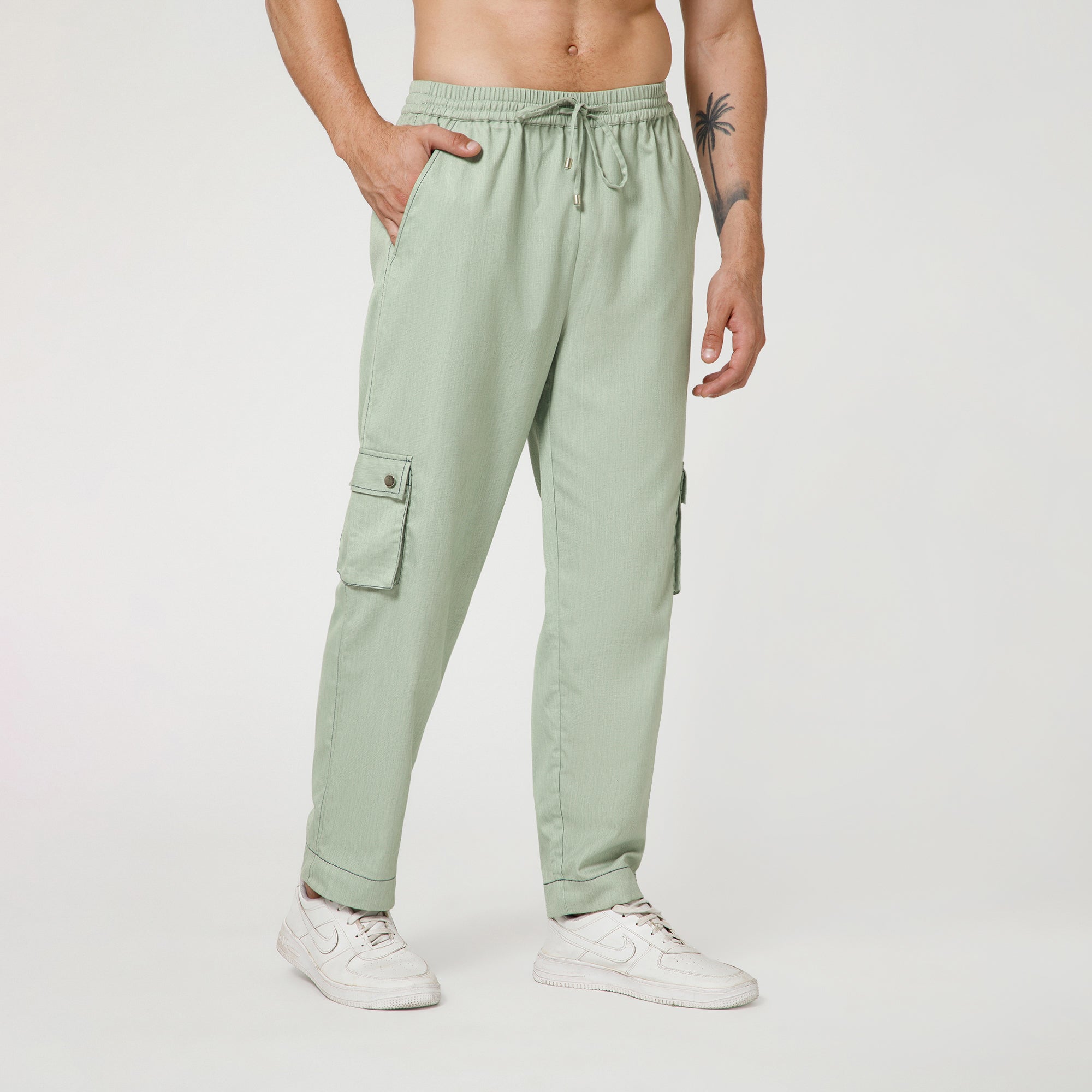 Green Denim Pant With Draw String And Blue Top Stitch