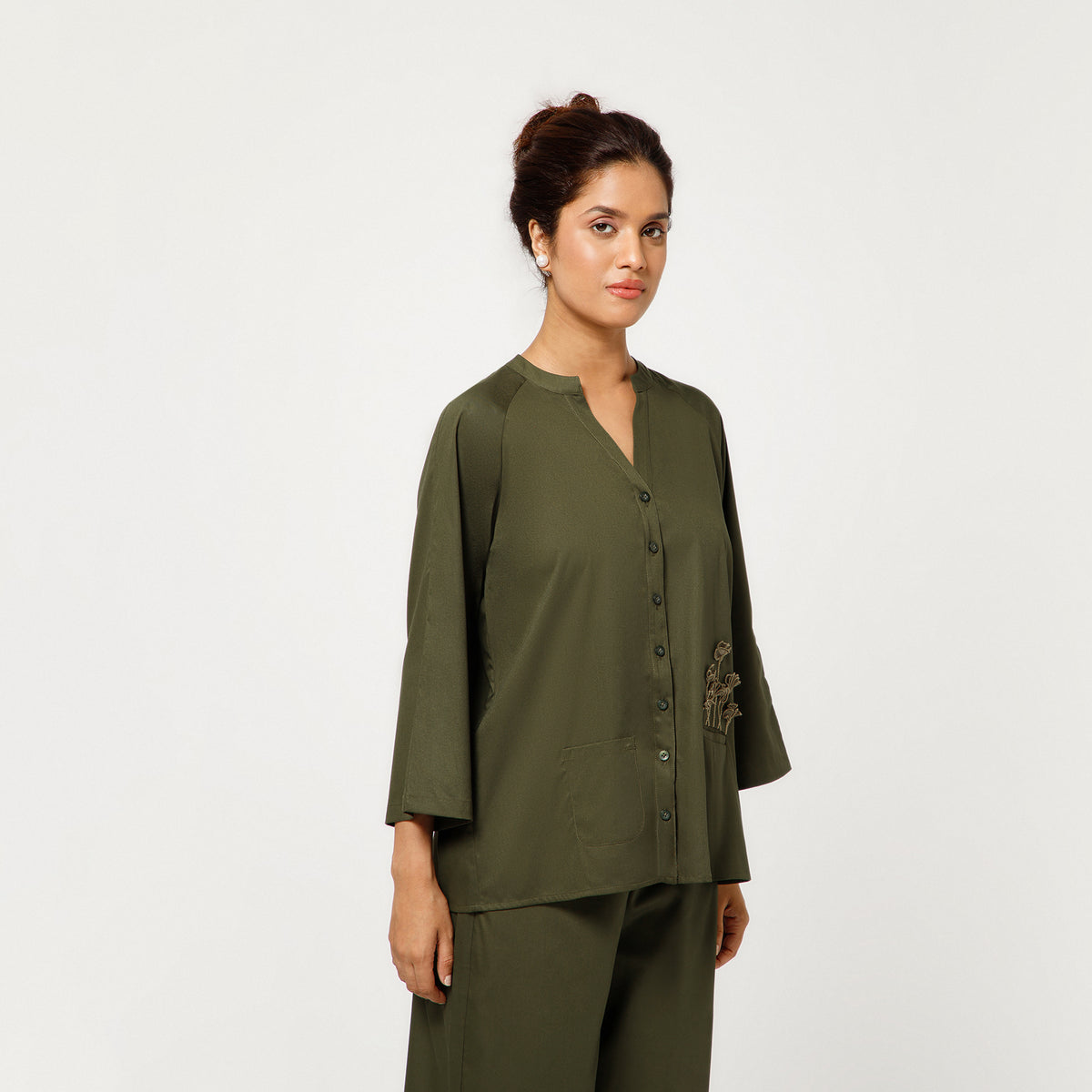 Olive Cotton Blend Top With Organza Flower Pocket Embroidery
