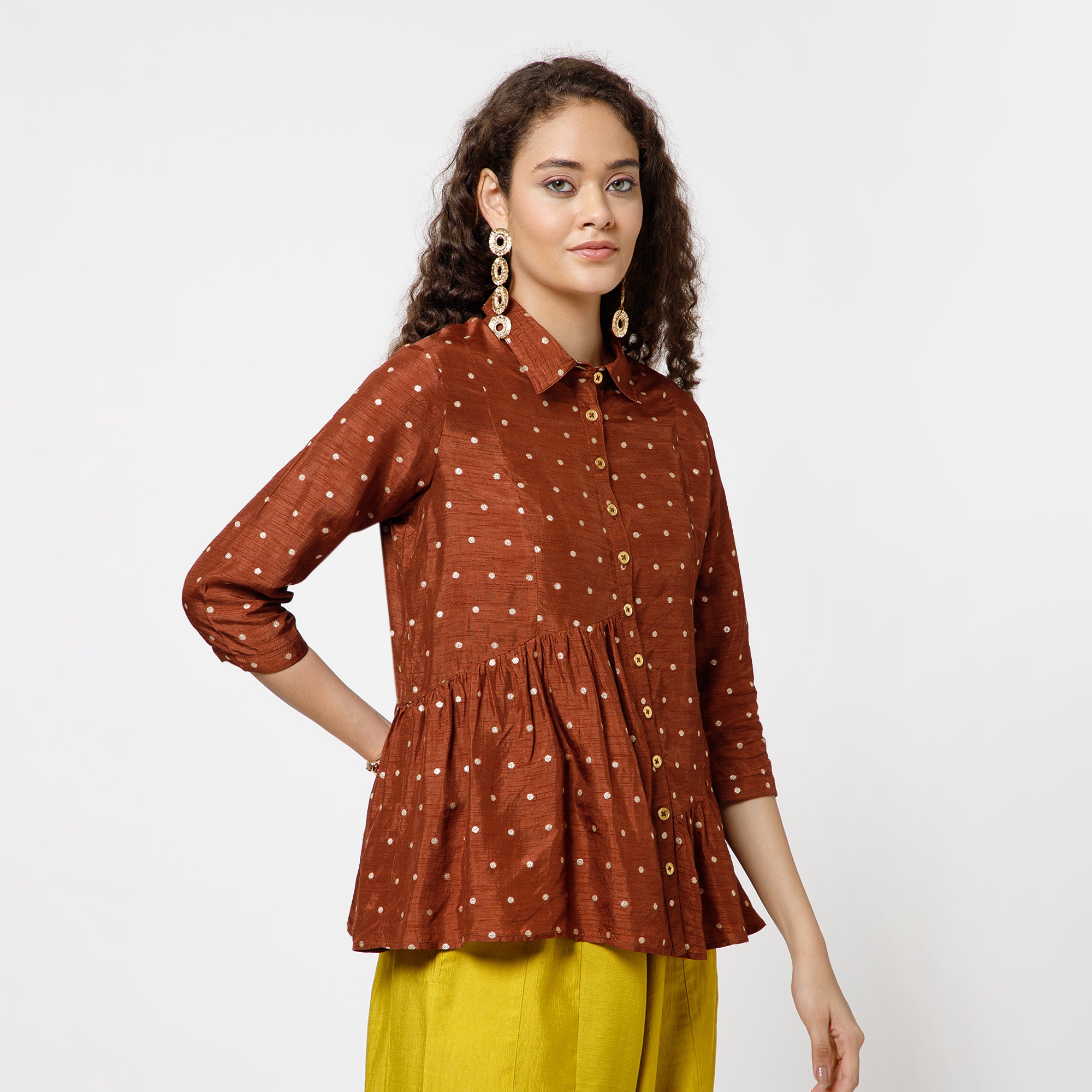 Brown Brocade Asymmetrical Peplum Top