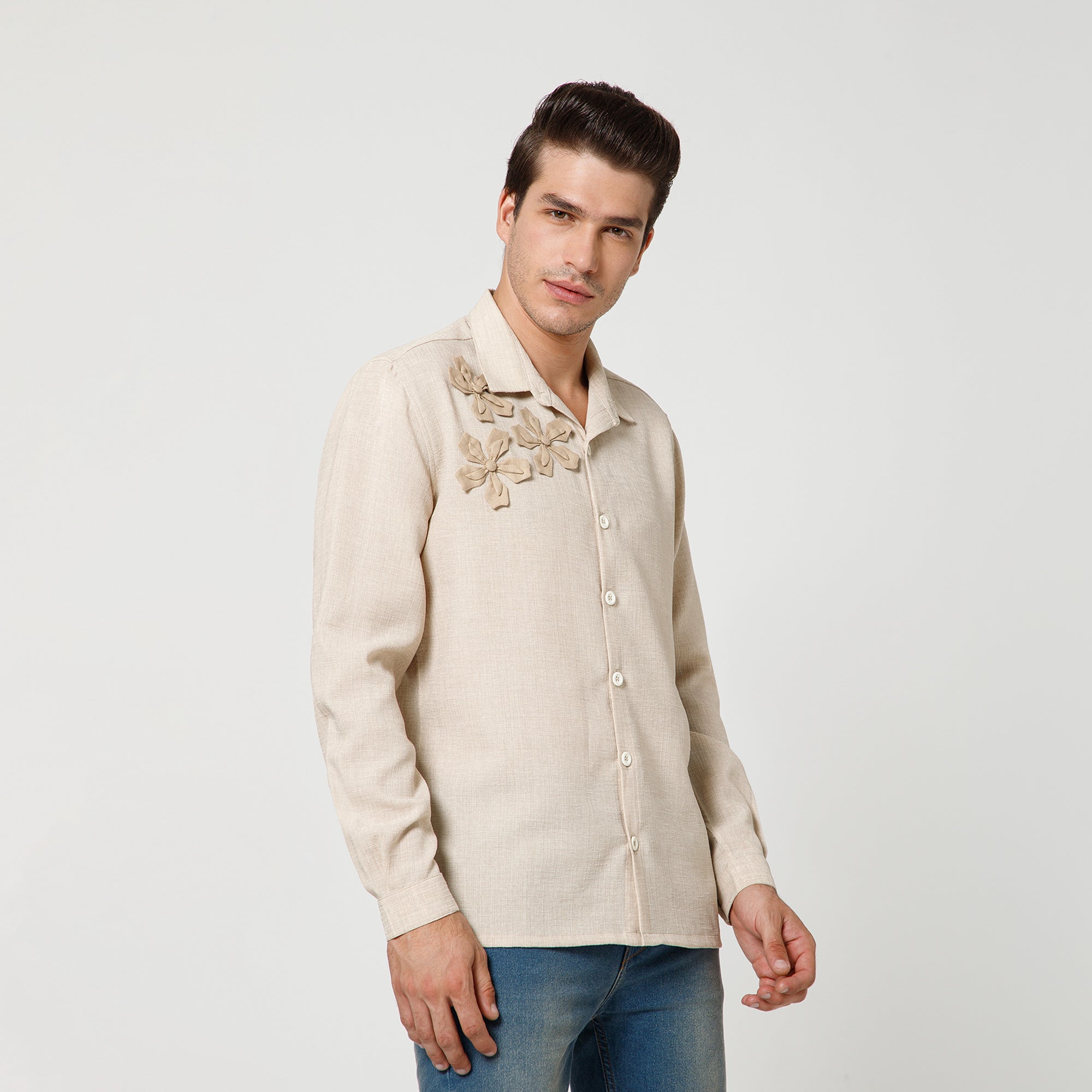 Off White Cotton Slub Linen Textured Shirt With Flower Patches