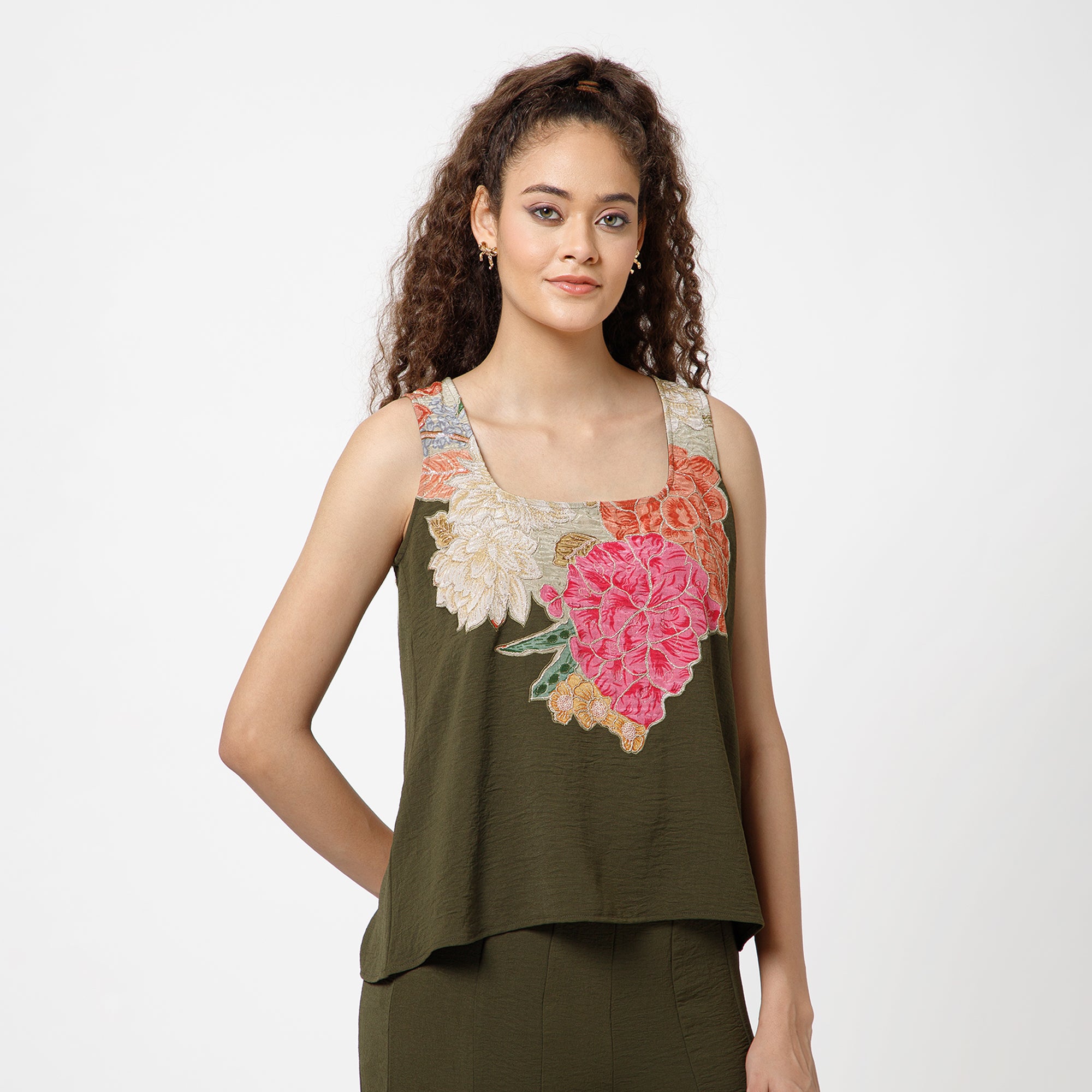 Prune Crepe Top With Patch Embroidery