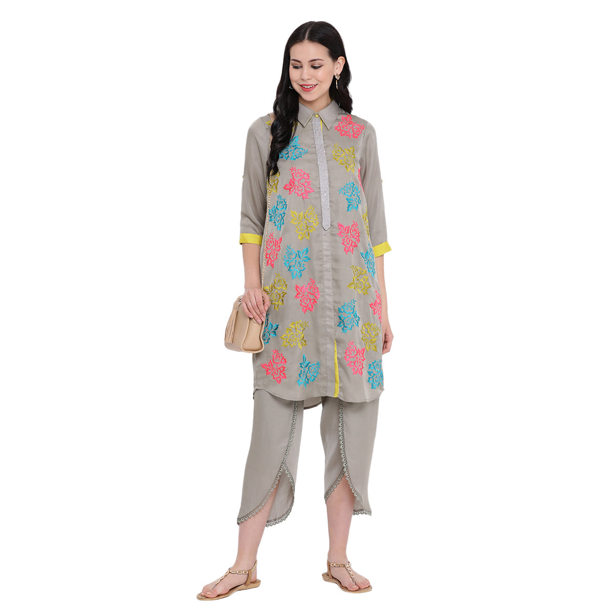 Grey tunic with multi colour flower