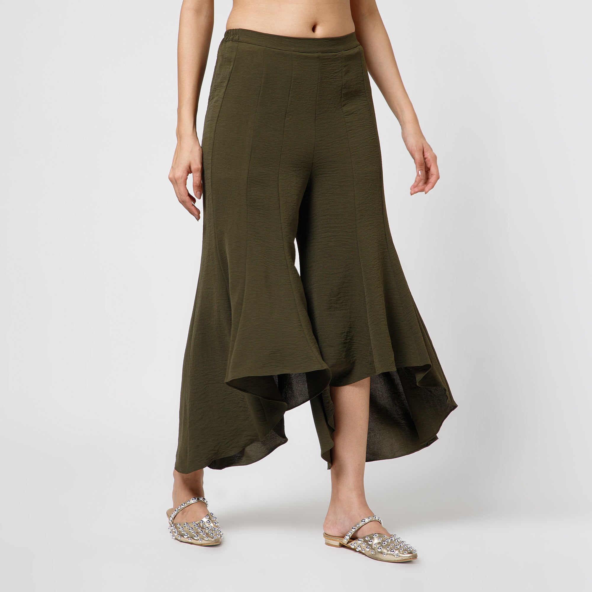 Green Crepe Asymmetrical Plazzo