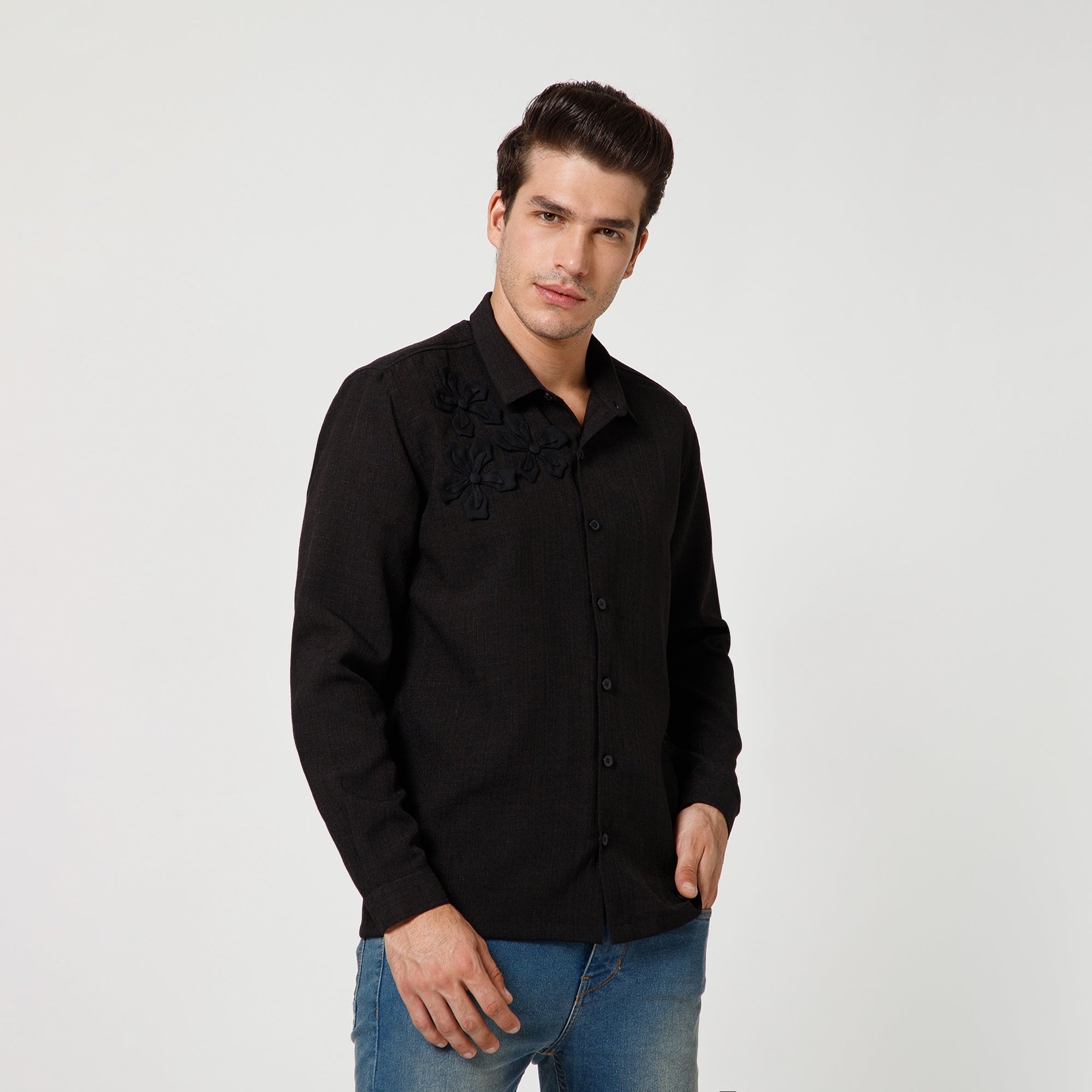 Black Cotton Slub Linen Textured Shirt With Flower Patches