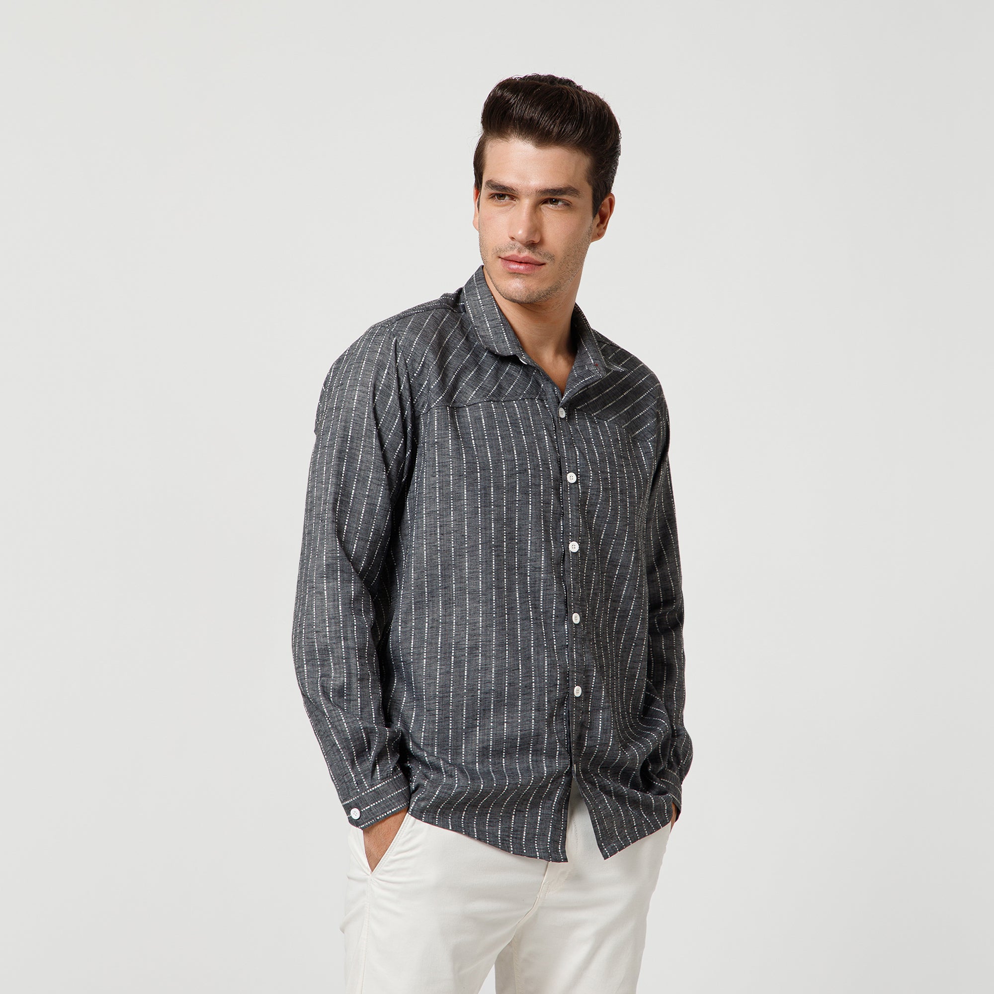 Grey Light Denim Line Shirt With Full Sleeve