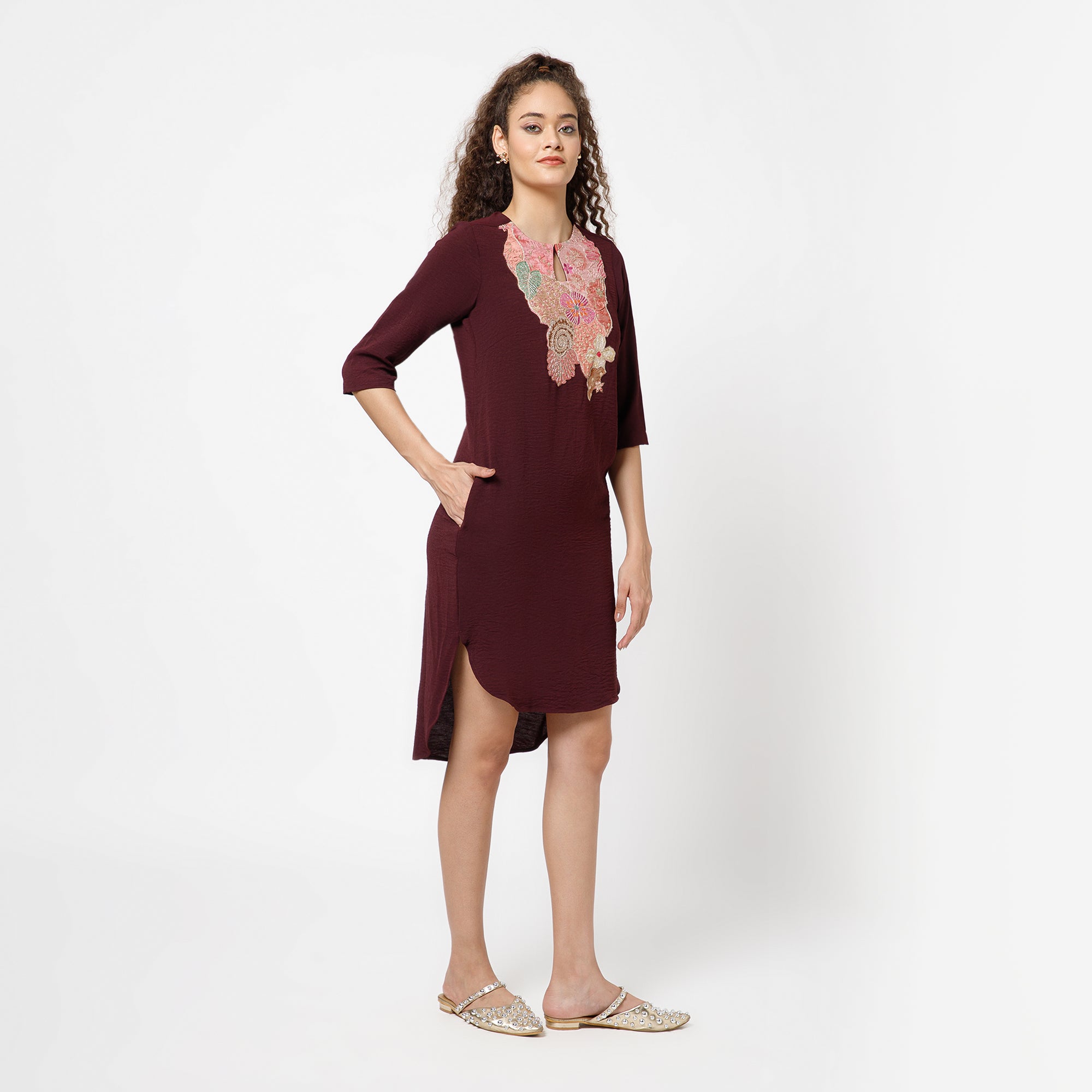 Prune Crepe Dress With Patch Embroidery