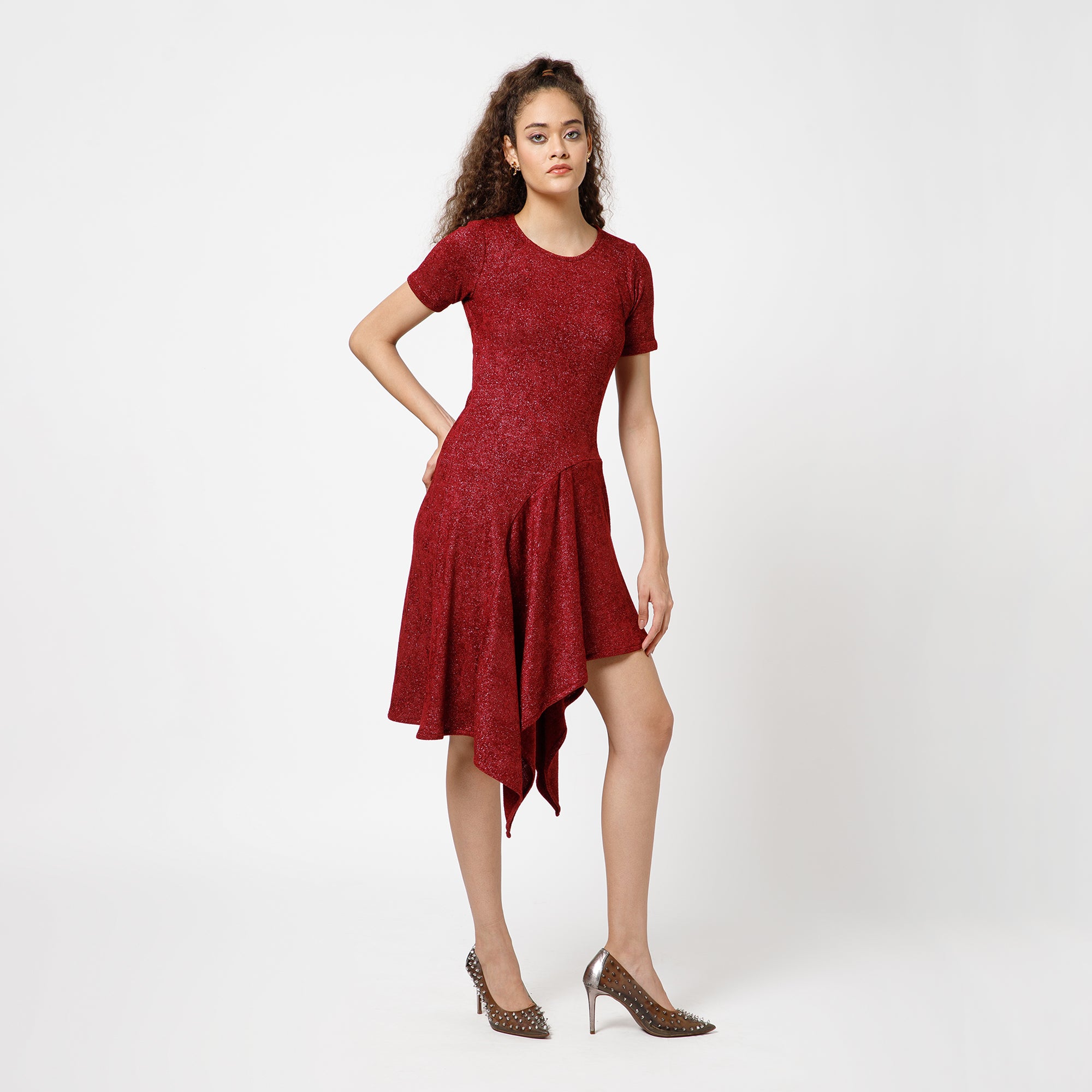 Maroon Asymmetrical Velvet  Dress