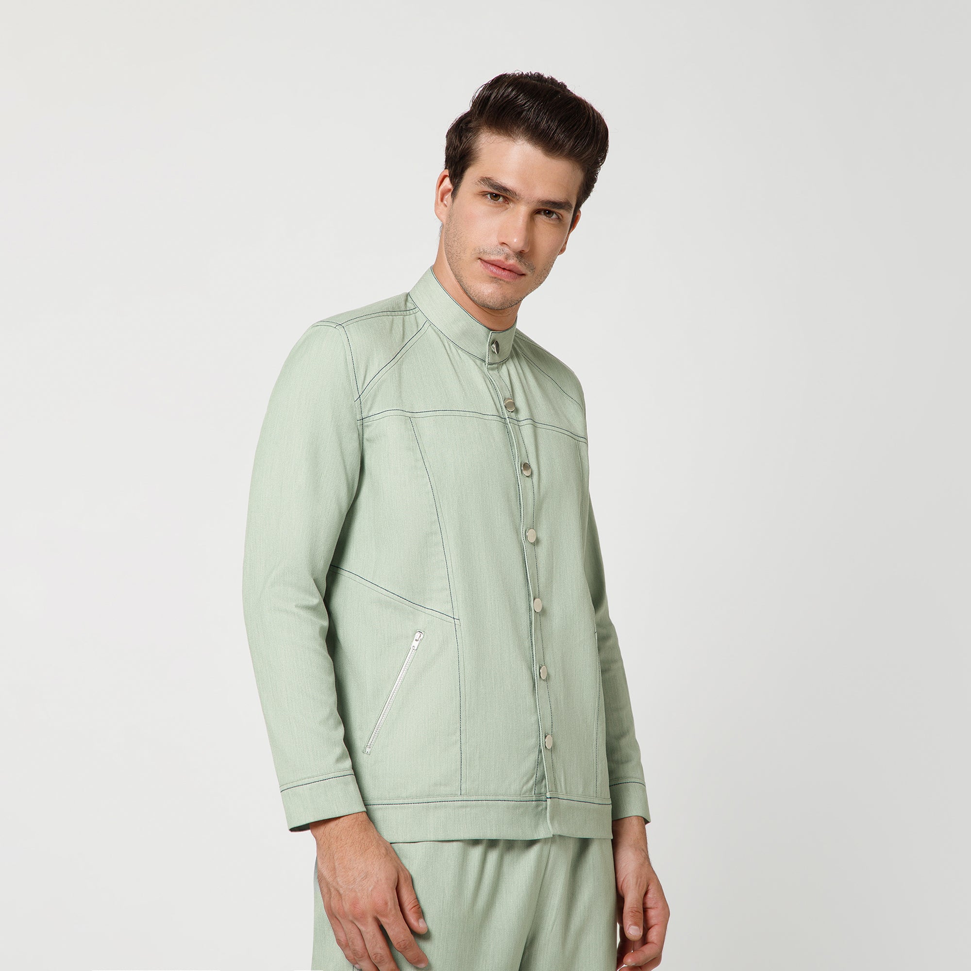 Green Denim Jacket With Silver Zip