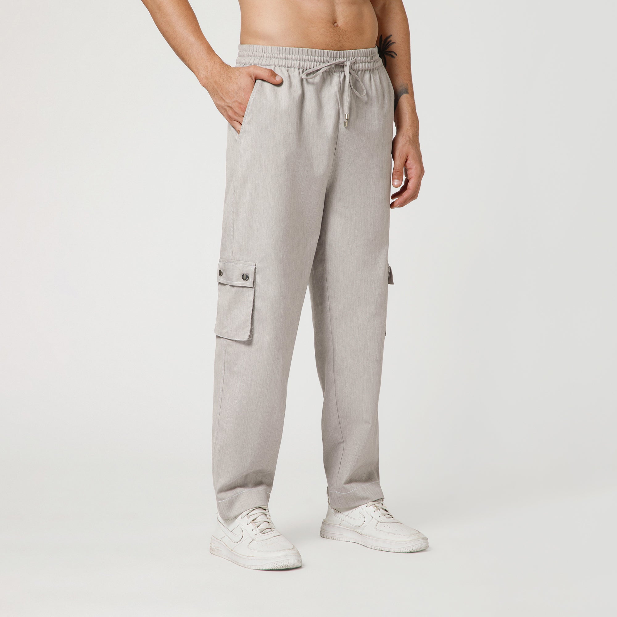 Grey Denim Pant With Draw String And White Top Stitch