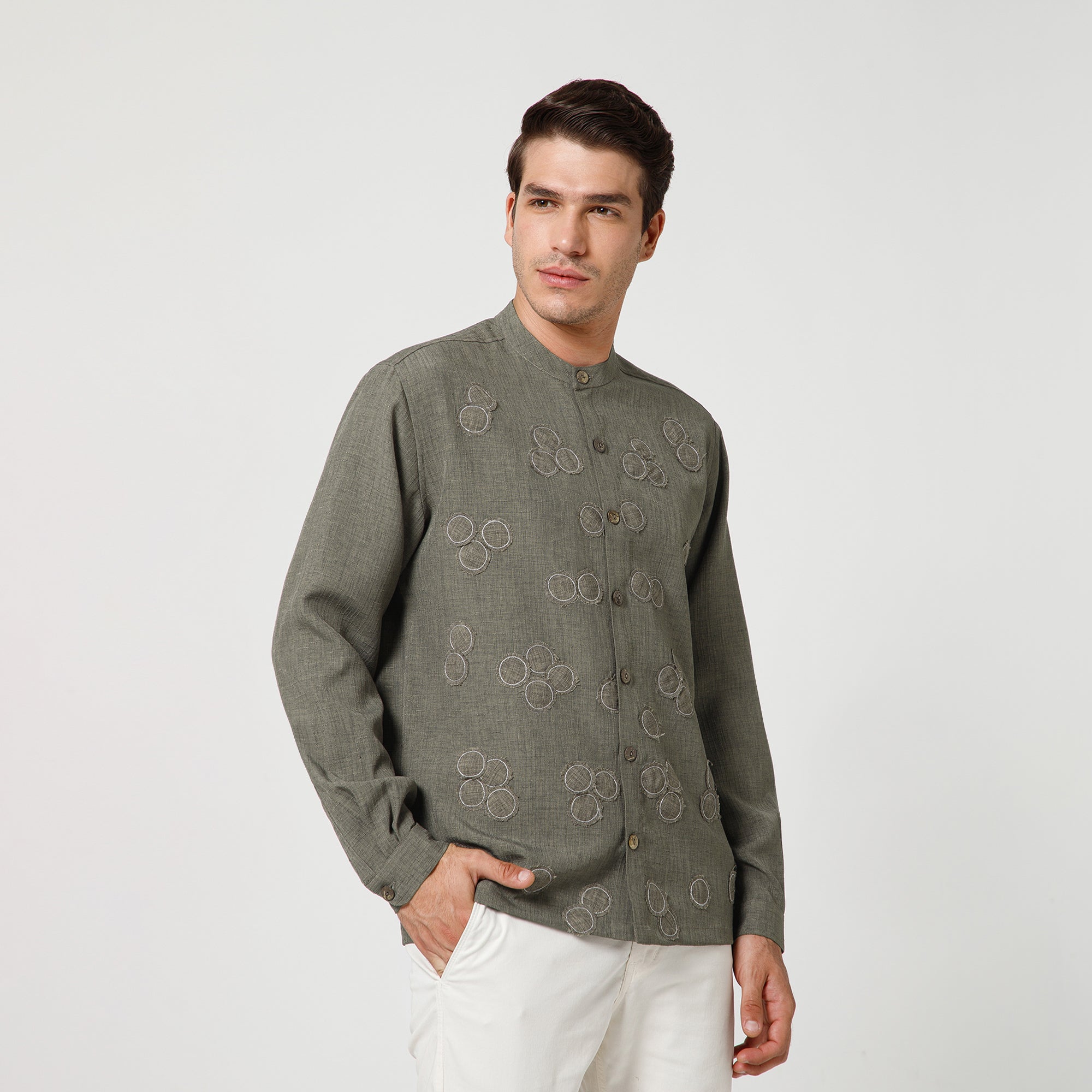 Brown Cotton Slub Linen Textured Shirt With Mandarin Collar And Patch Detailing
