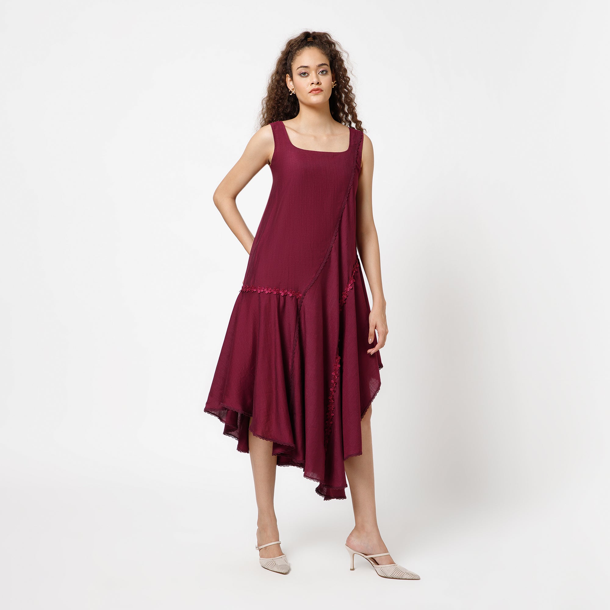 Prune Square Neck Dress With Lace