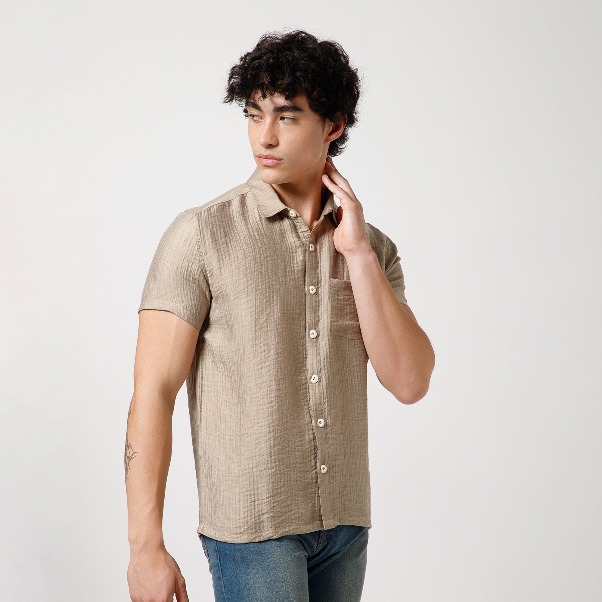 Beige Double Gauze Half Sleeves Shirt