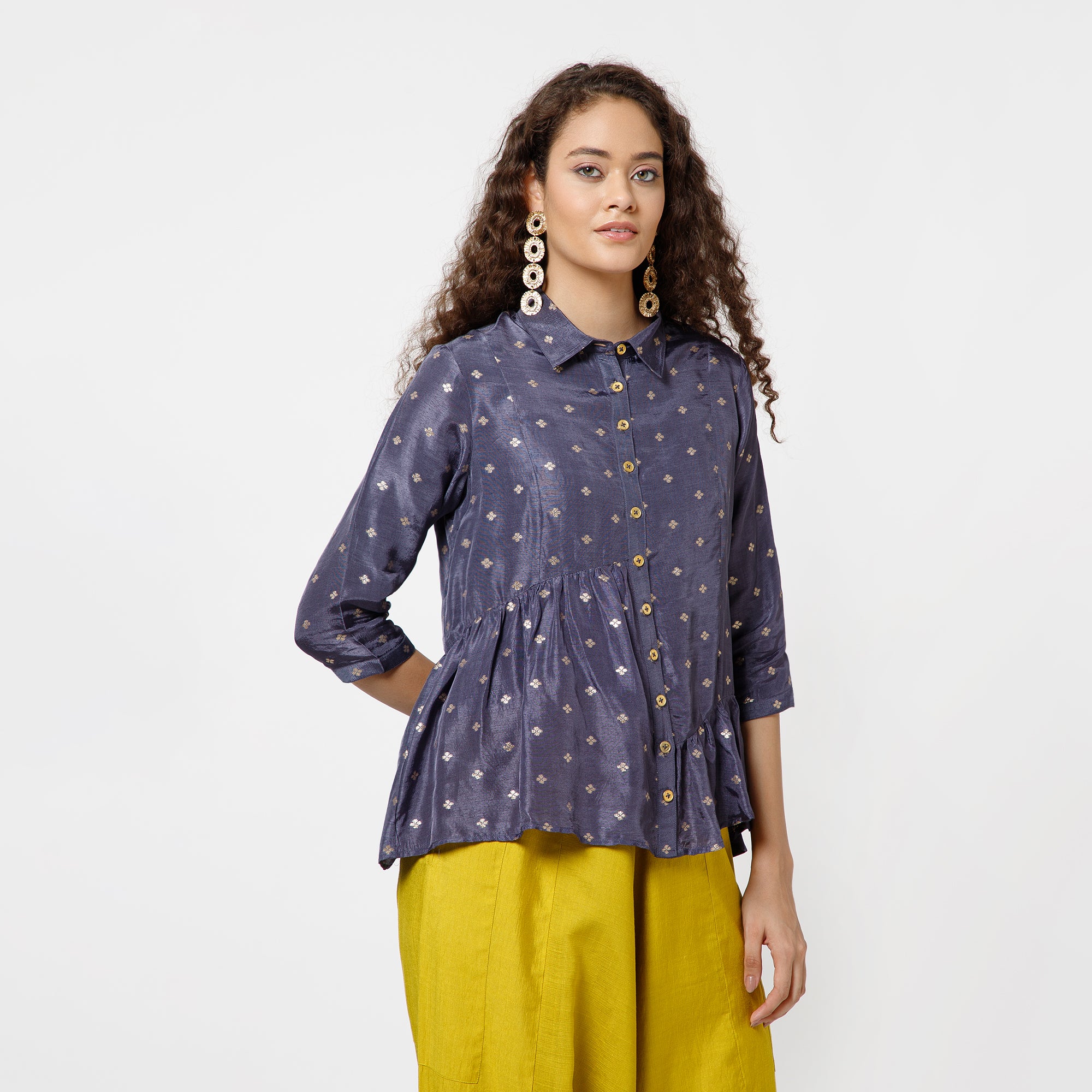 Blue Brocade Asymmetrical Peplum Top
